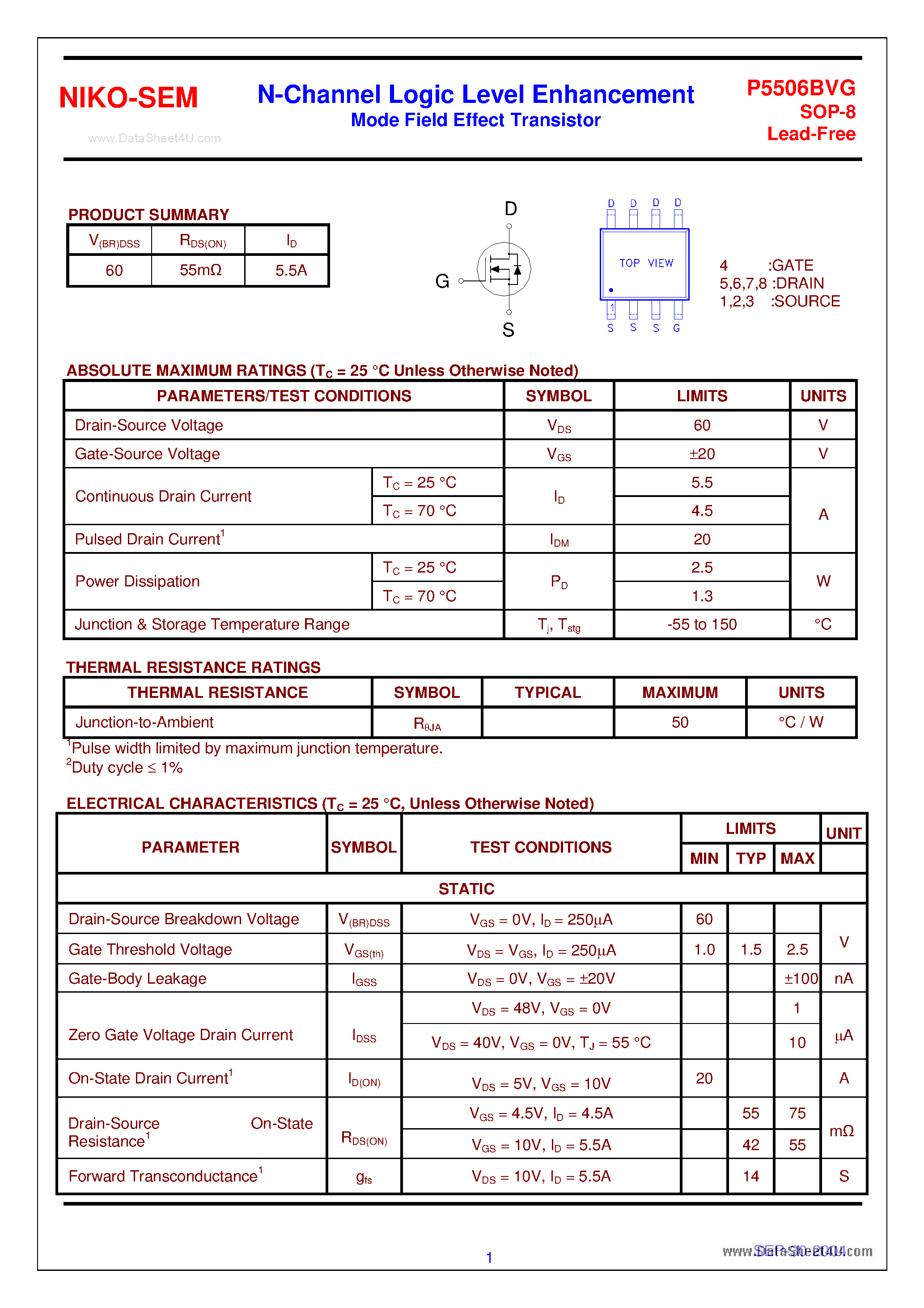 Datasheet P5506BVG - N-Channel Logic Level Enhancement Mode Field Effect Transistor page 1