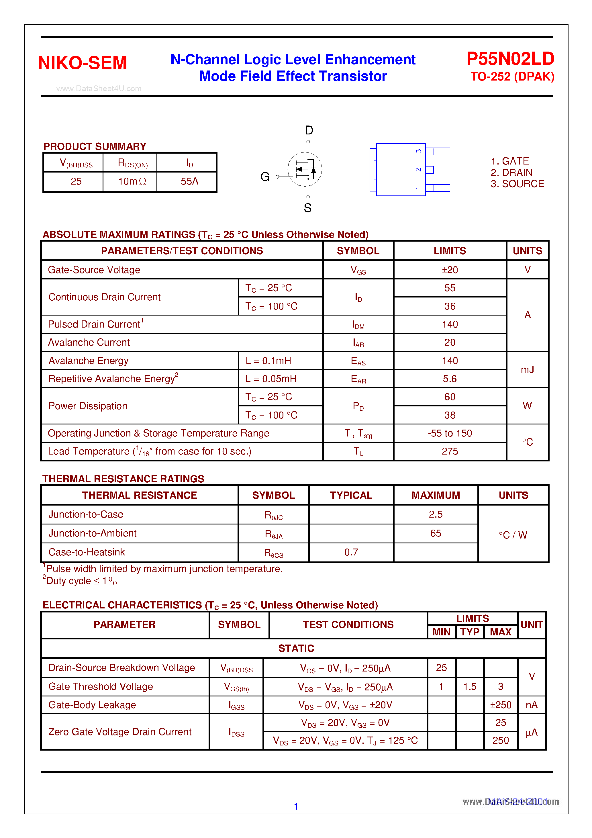 Datasheet P55N02LD - N-Channel Logic Level Enhancement page 1