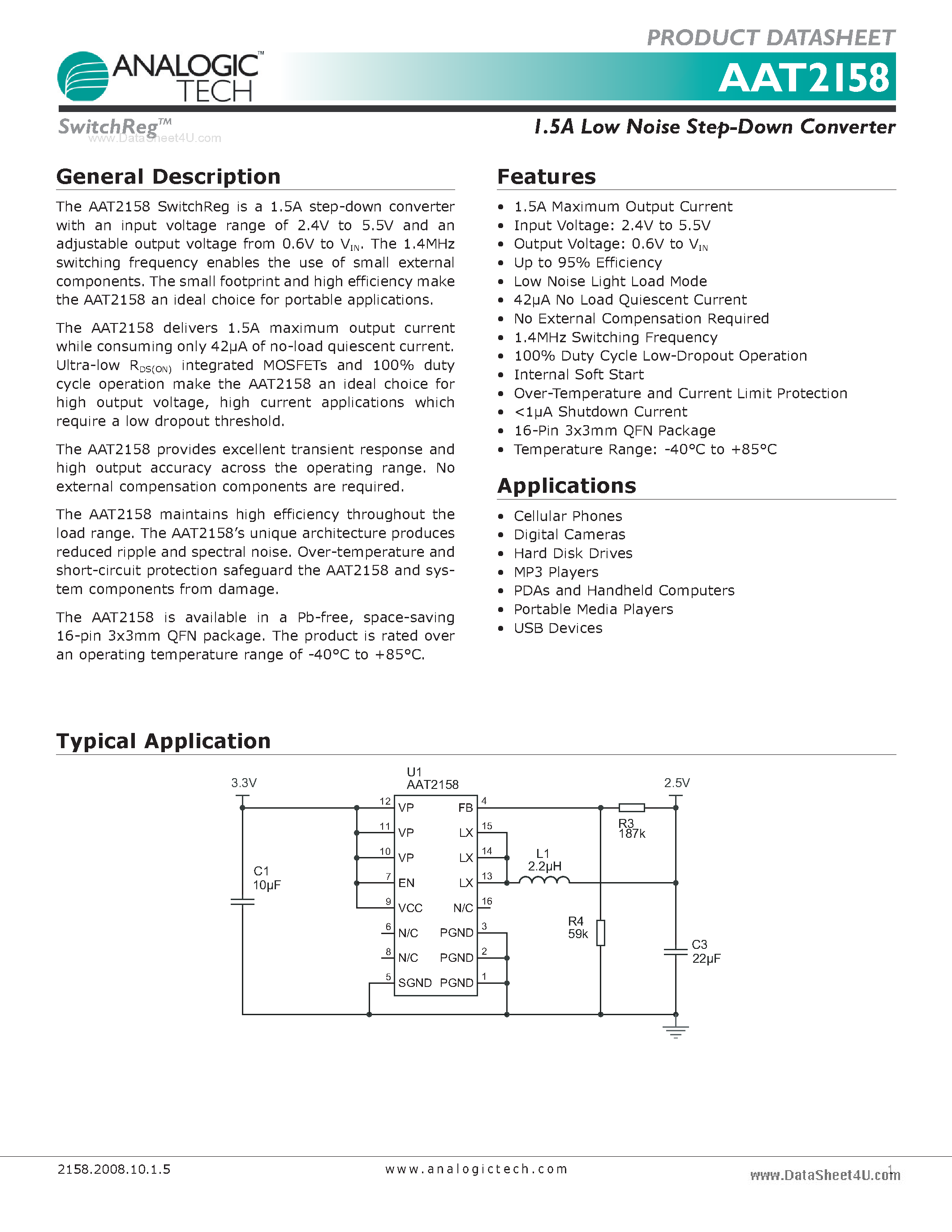 Datasheet AAT2158 - 1.5A Low Noise Step-Down Converter page 1