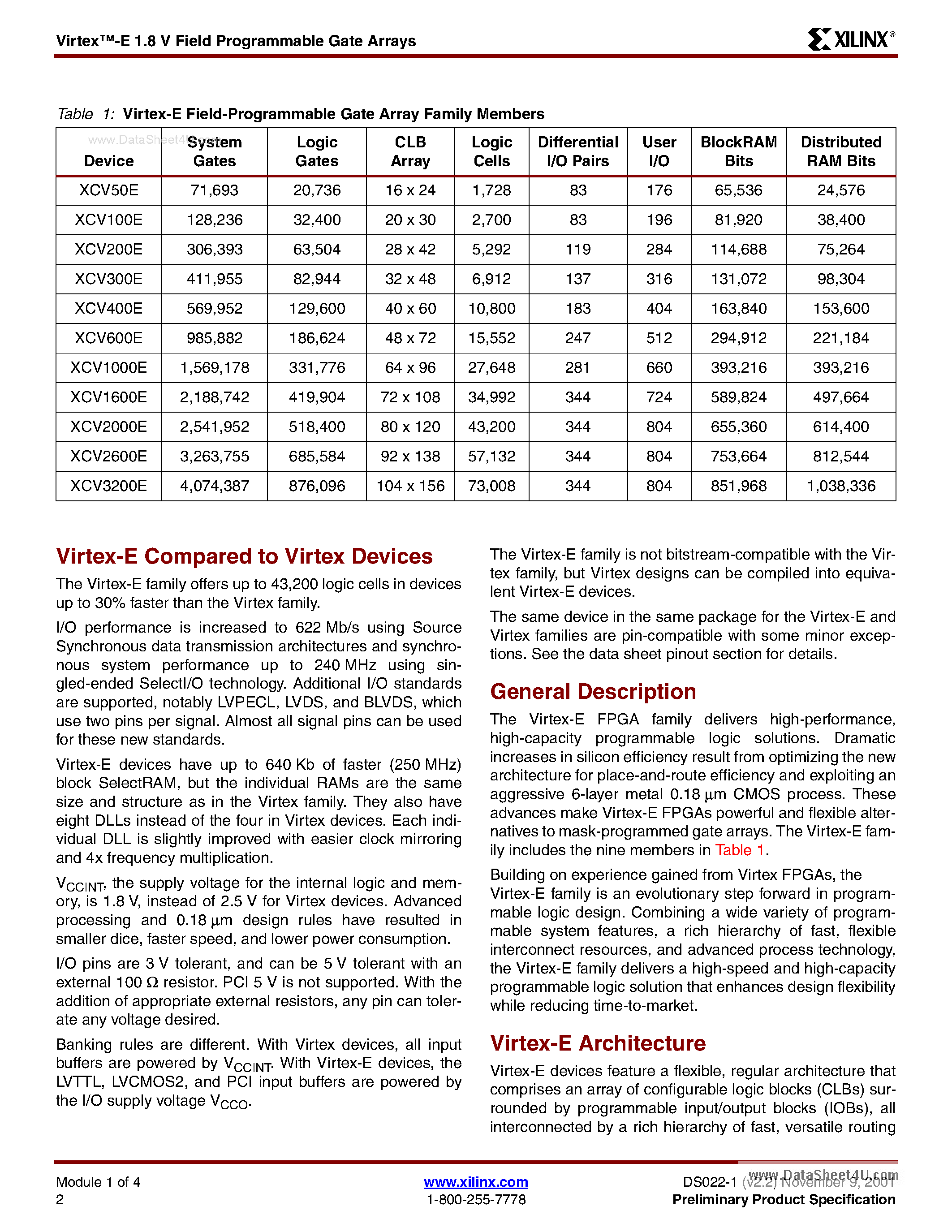 Datasheet XCV100E-7PQ240C - Virtex-E 1.8 V Field Programmable Gate Arrays page 2