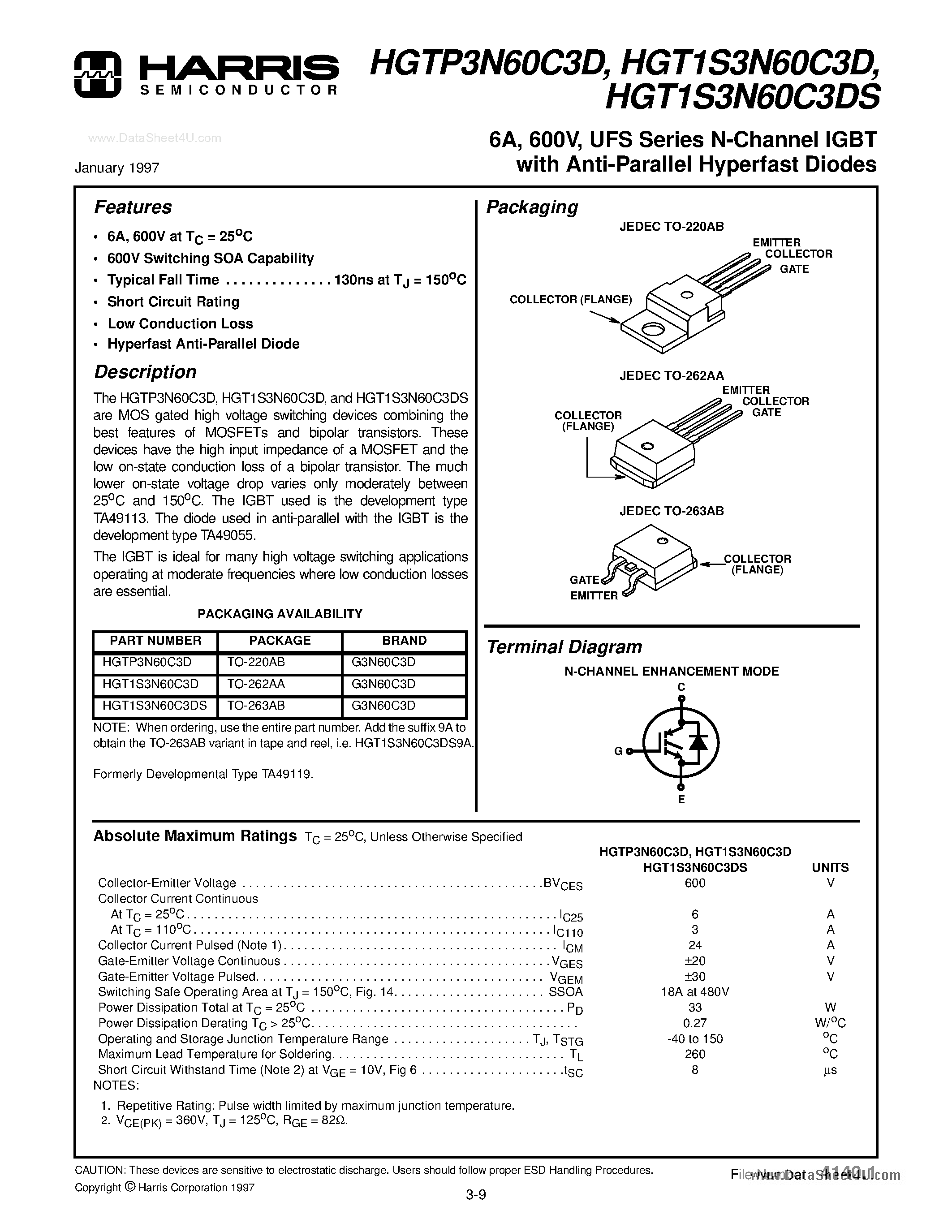 Datasheet HGT1S3N60C3D page 1 Datasheet HGT1S3N60C3D - UFS Series N-Channel IGBT page 1