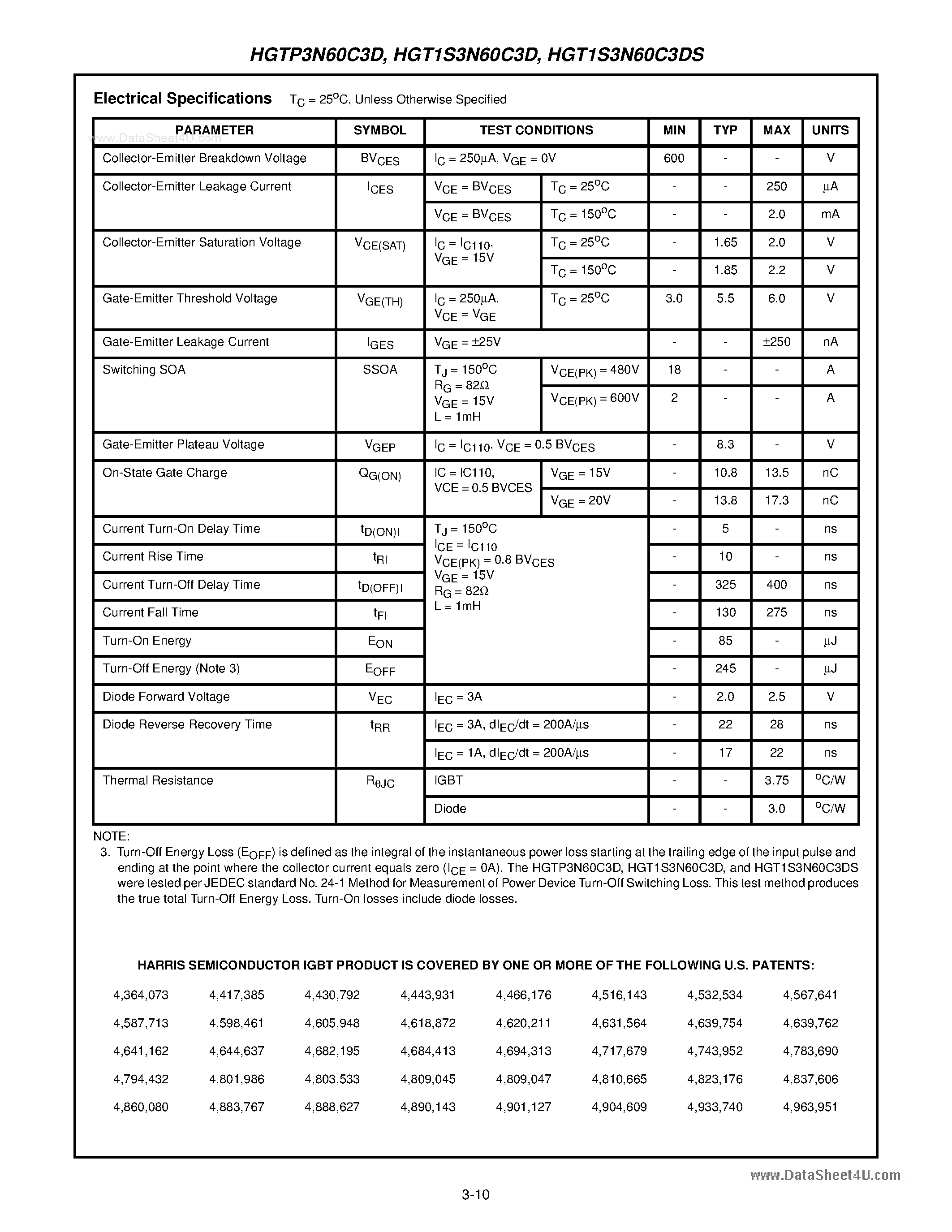 Datasheet HGT1S3N60C3D page 2 Datasheet HGT1S3N60C3D - UFS Series N-Channel IGBT page 2