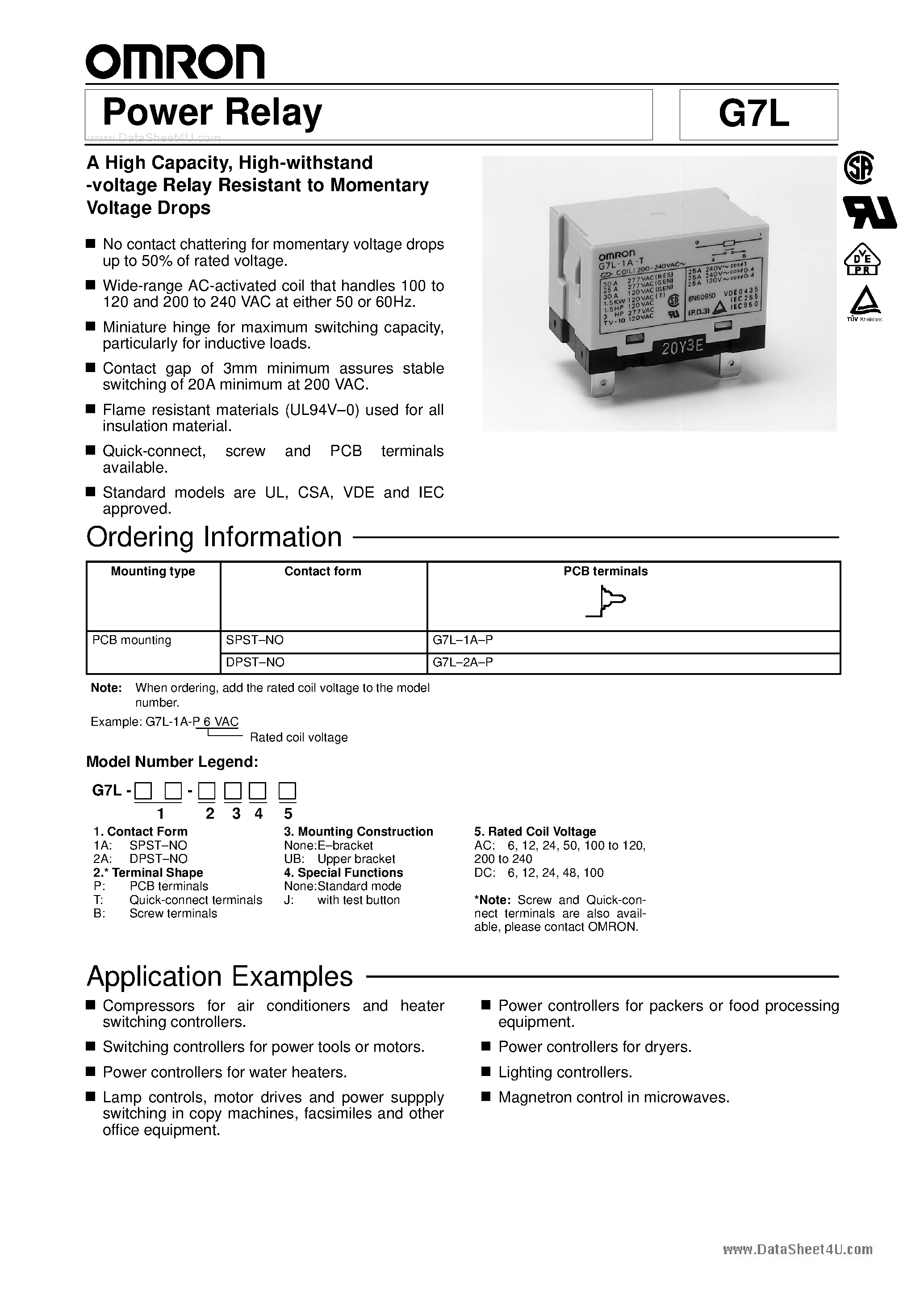 Даташит G7L-2A-T100/120VAC - Relay 25a Dpno страница 1