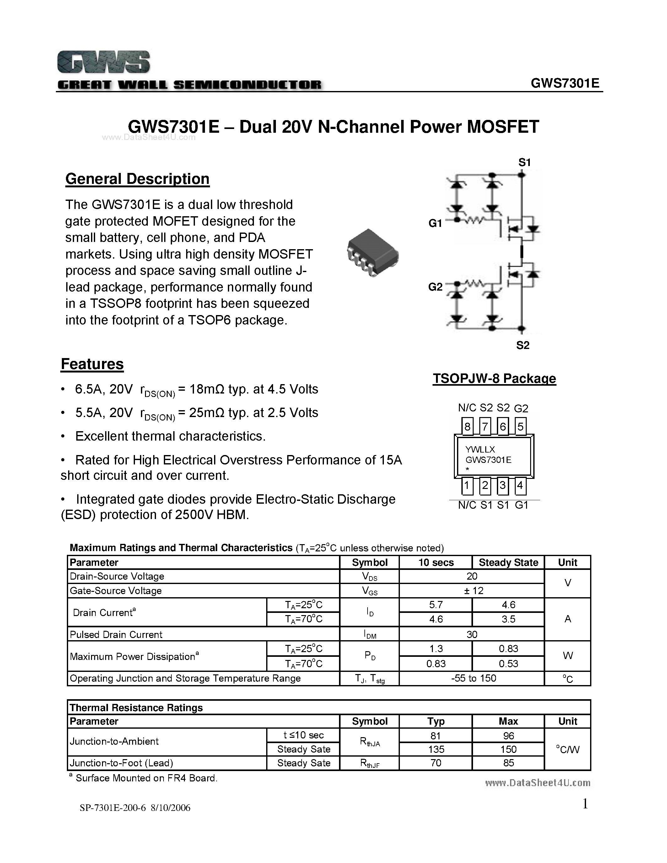 Datasheet GWS7301E page 1 Datasheet GWS7301E - Dual 20V N-Channel Power MOSFET page 1