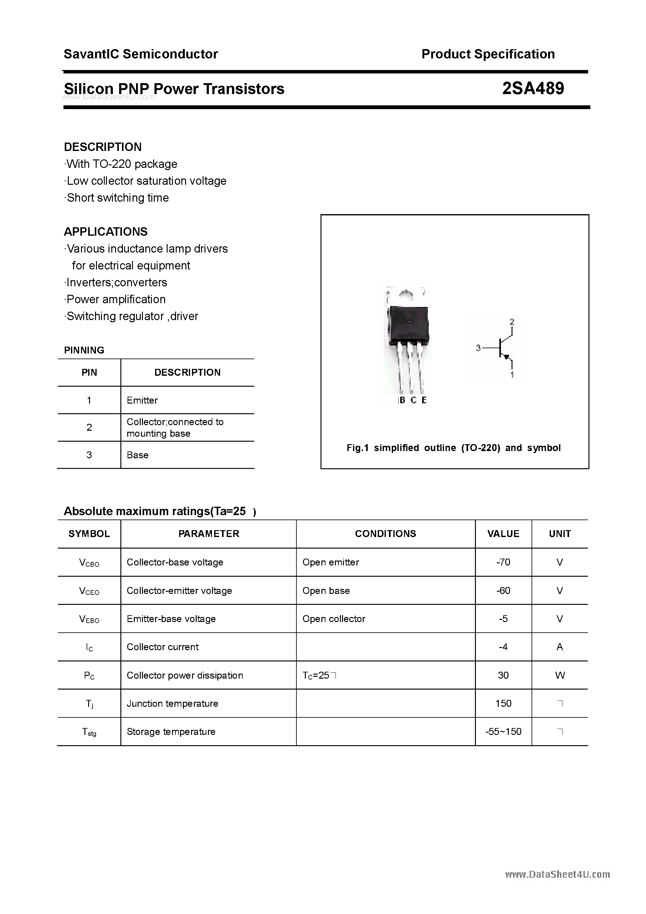 Datasheet 2SA489 - Silicon POwer Transistors page 1