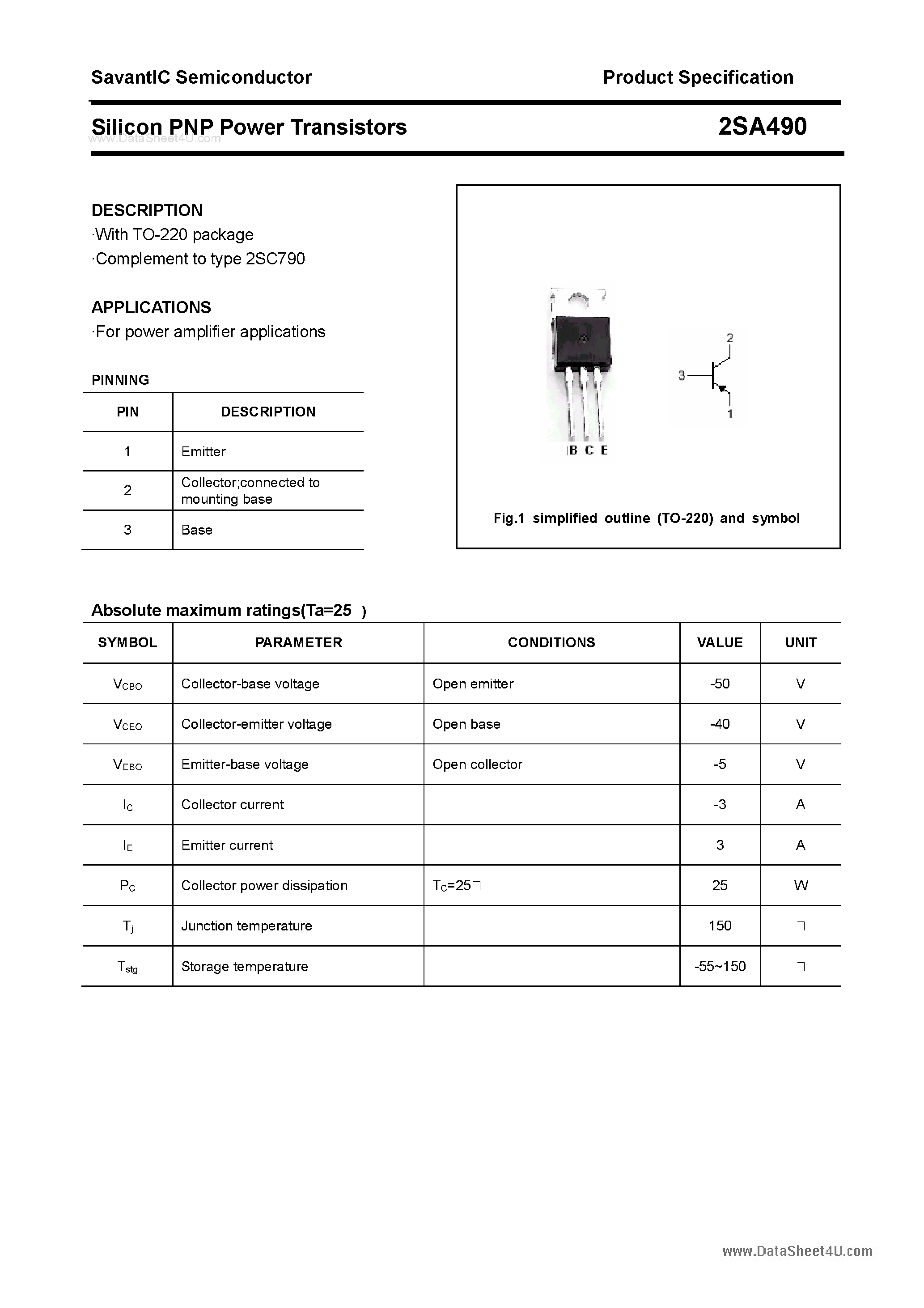 Datasheet 2SA490 - Silicon POwer Transistors page 1