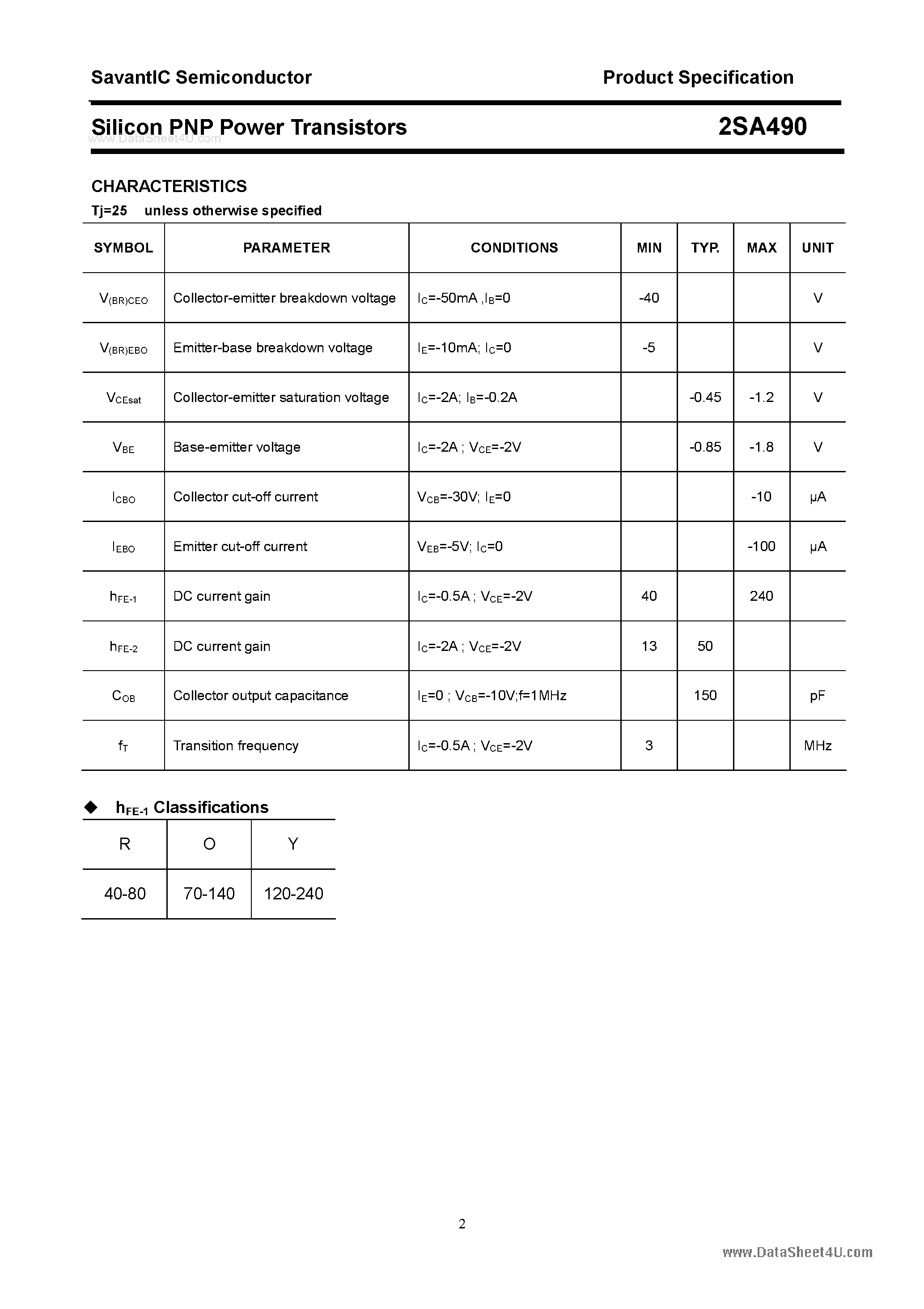 Datasheet 2SA490 - Silicon POwer Transistors page 2