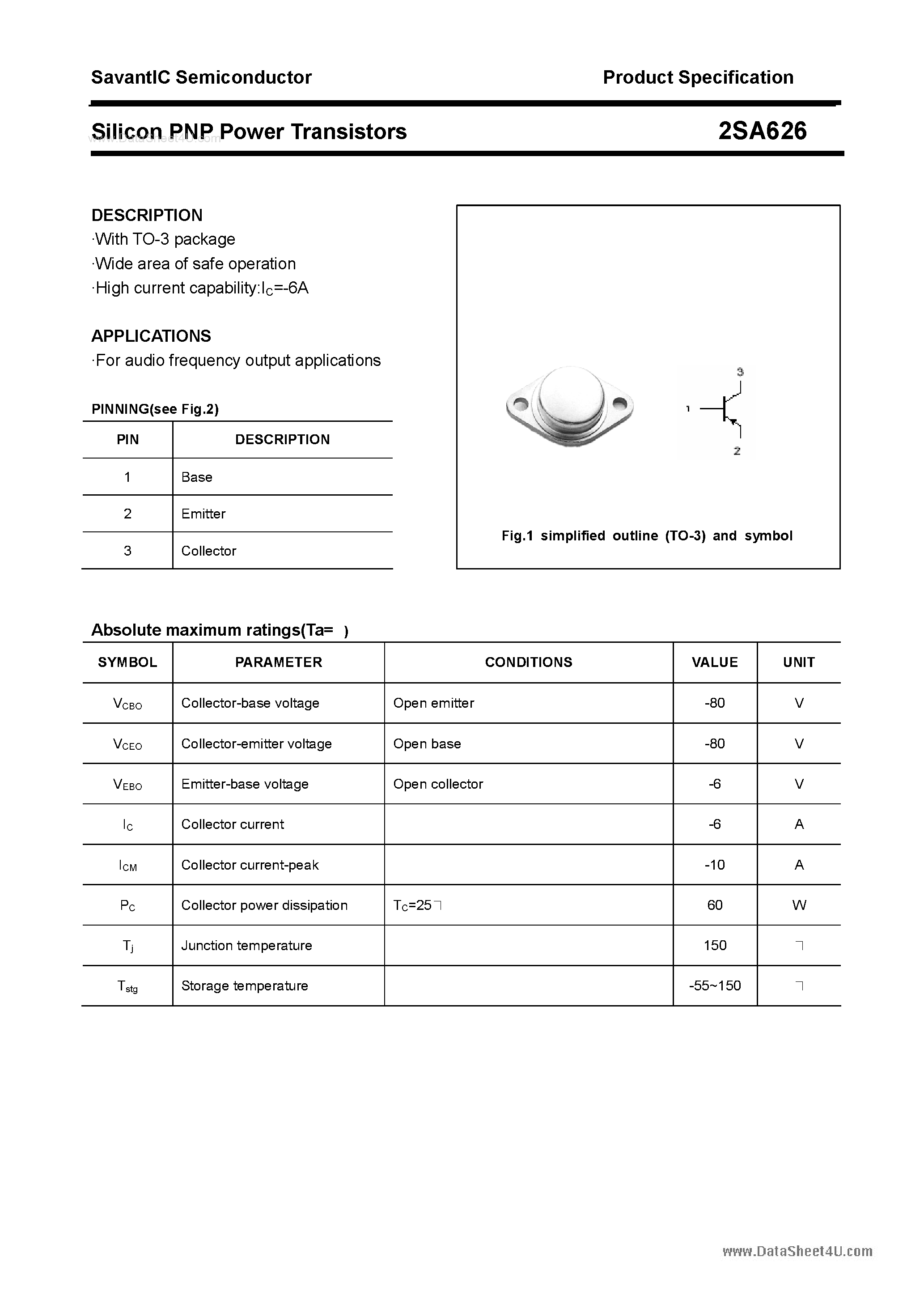 Datasheet 2SA626 page 1 Datasheet 2SA626 - Silicon POwer Transistors page 1