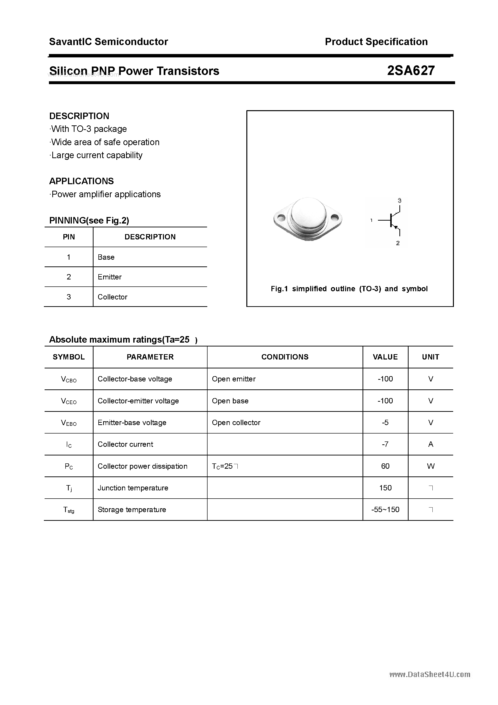 Datasheet 2SA627 - Silicon POwer Transistors page 1
