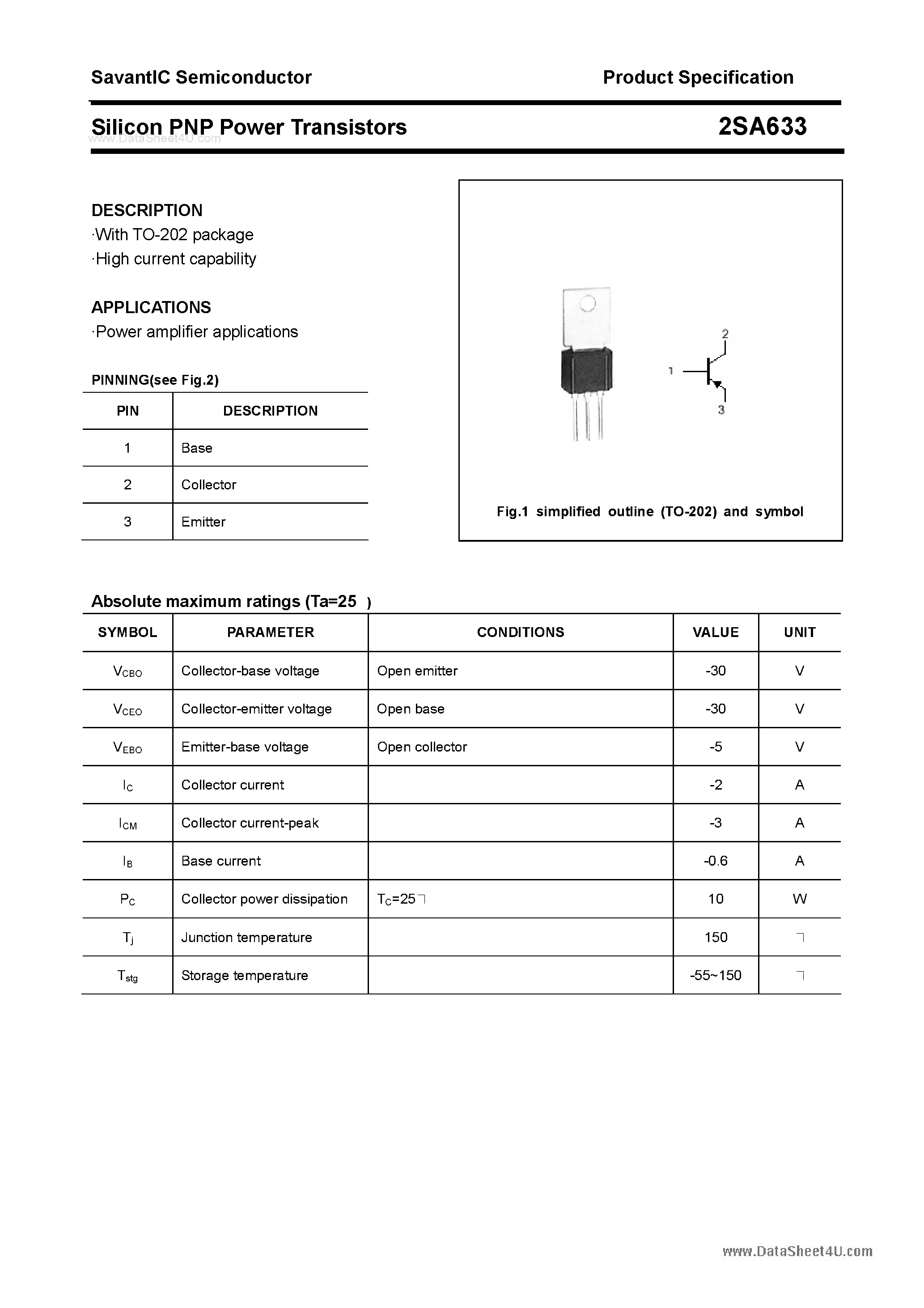 Datasheet 2SA633 - Silicon POwer Transistors page 1