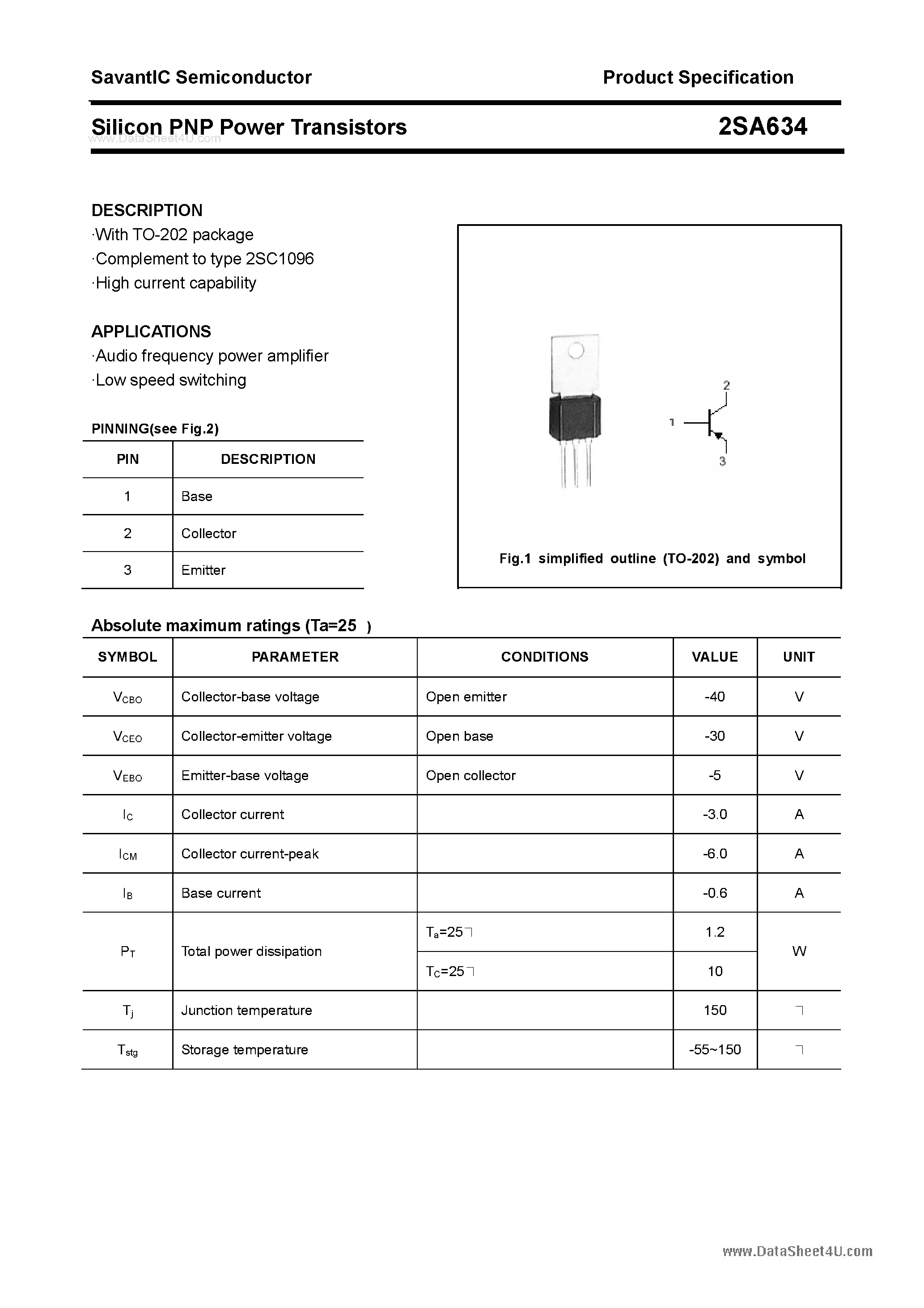 Datasheet 2SA634 page 1 Datasheet 2SA634 - Silicon POwer Transistors page 1