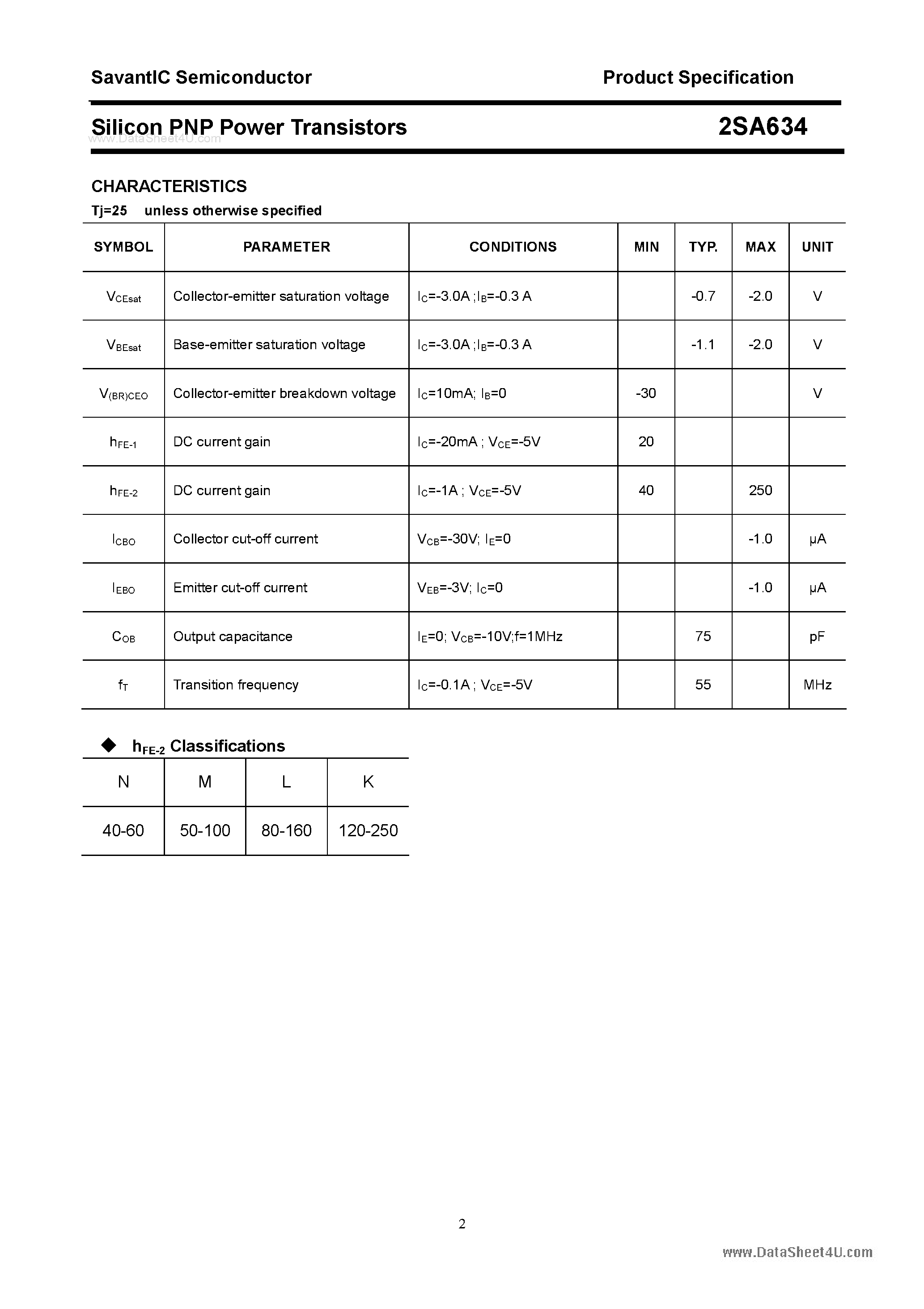 Datasheet 2SA634 page 2 Datasheet 2SA634 - Silicon POwer Transistors page 2