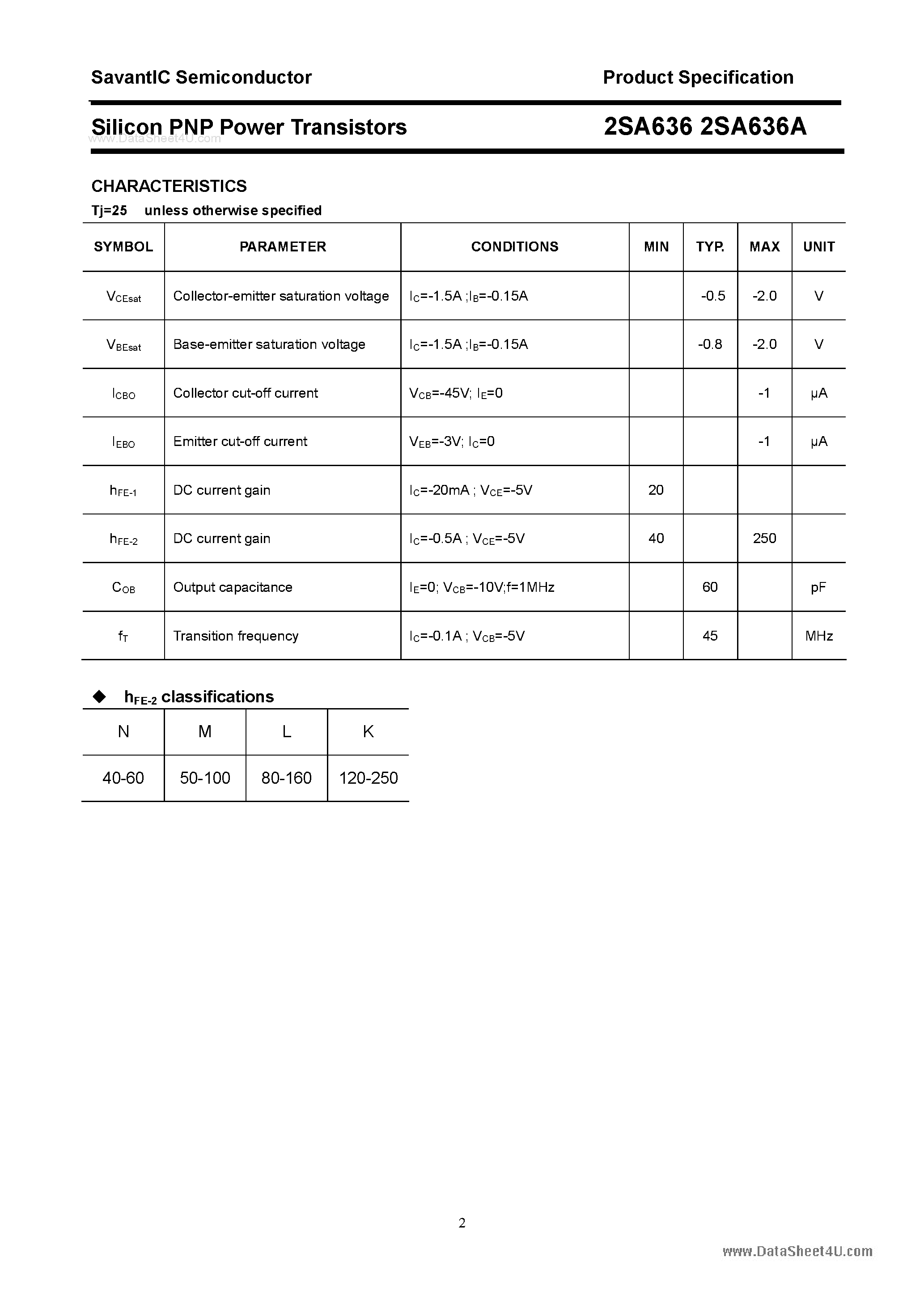 Datasheet 2SA636 page 2 Datasheet 2SA636 - Silicon POwer Transistors page 2