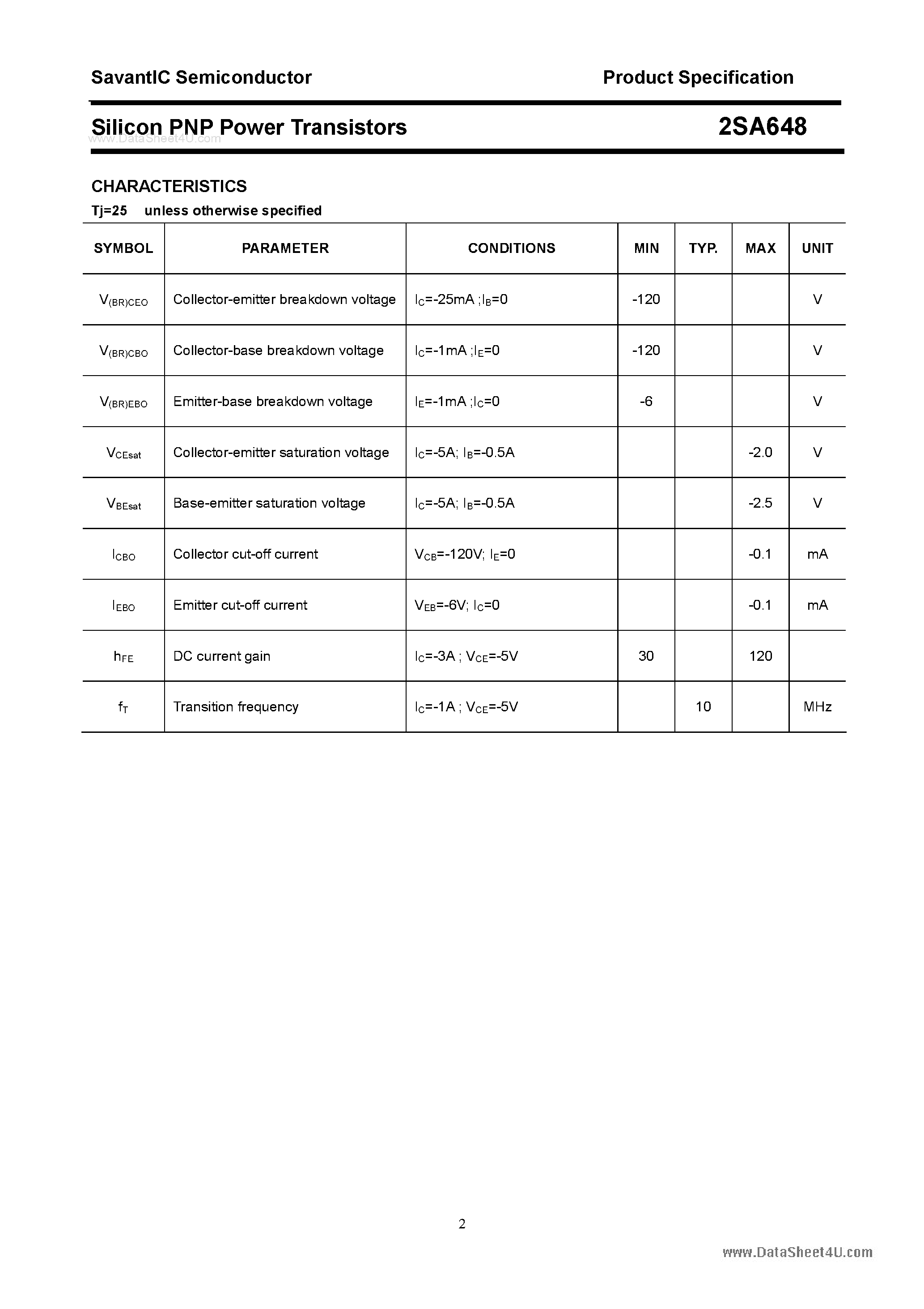 Datasheet 2SA648 page 2 Datasheet 2SA648 - Silicon POwer Transistors page 2
