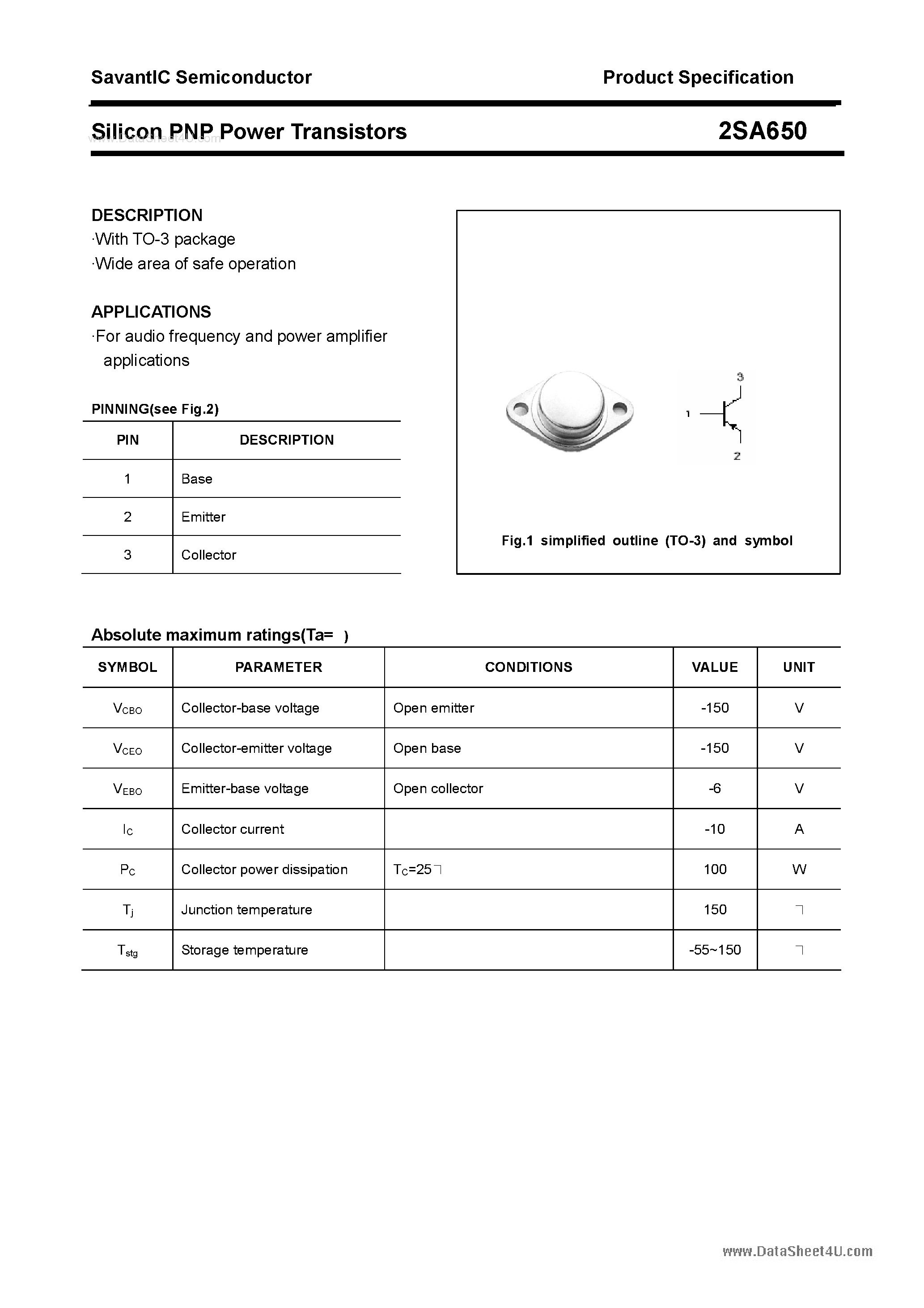 Datasheet 2SA650 - Silicon POwer Transistors page 1