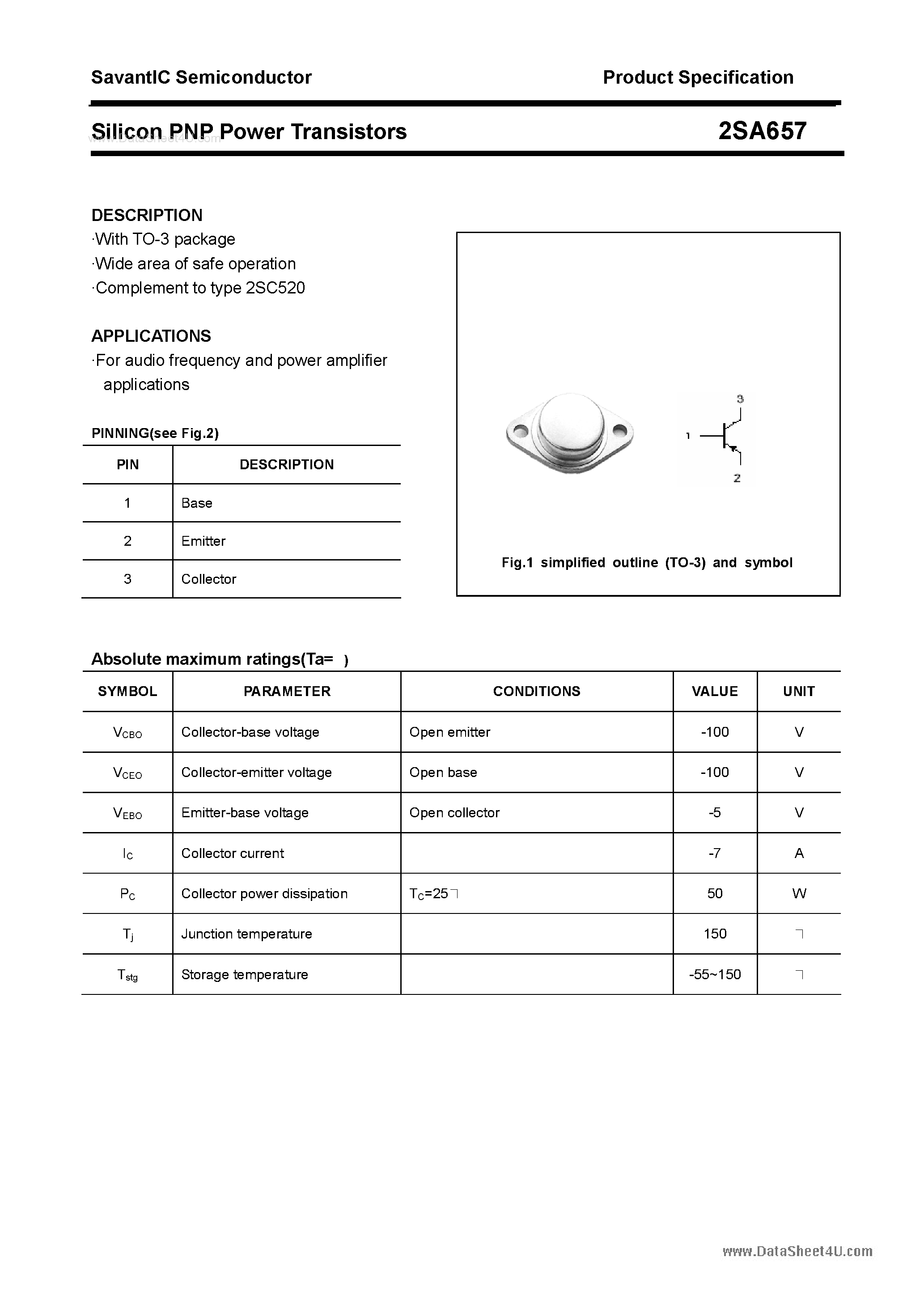 Datasheet 2SA657 page 1 Datasheet 2SA657 - Silicon POwer Transistors page 1