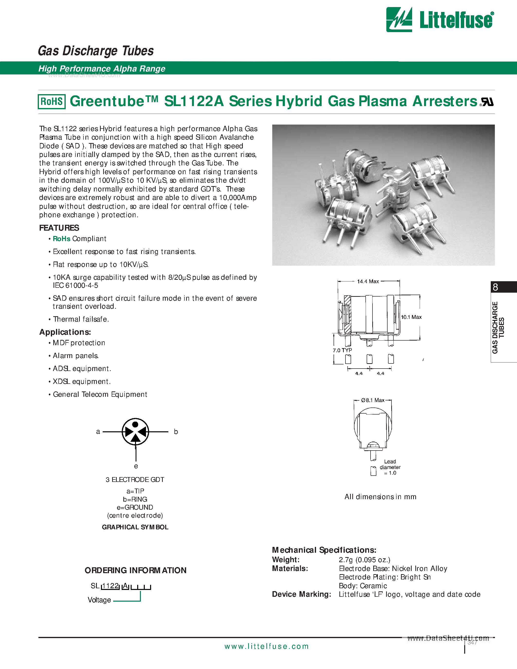 Datasheet SL1122A page 1 Datasheet SL1122A - Gas Discharge Tubes page 1