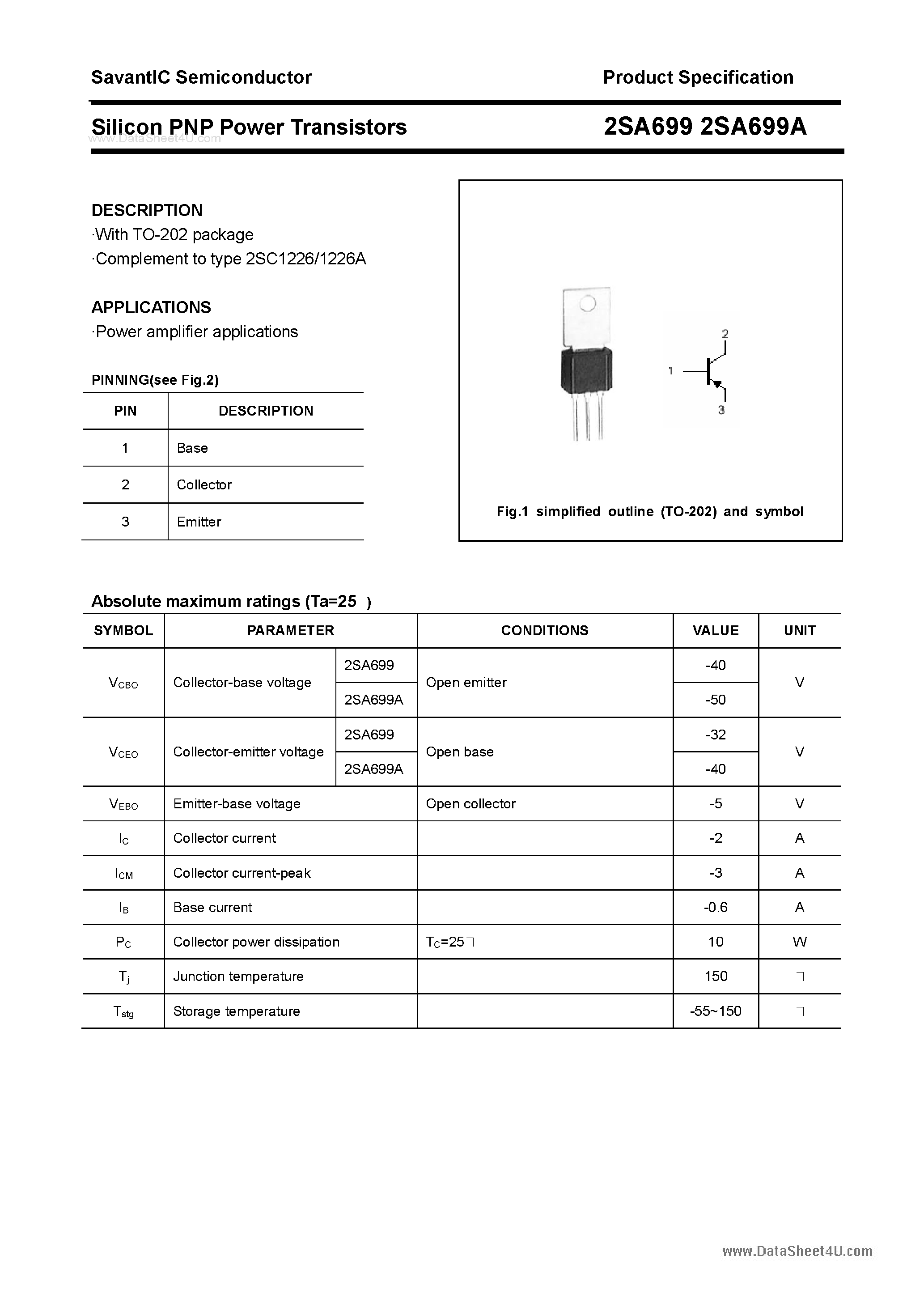 Datasheet 2SA699A - Silicon POwer Transistors page 1