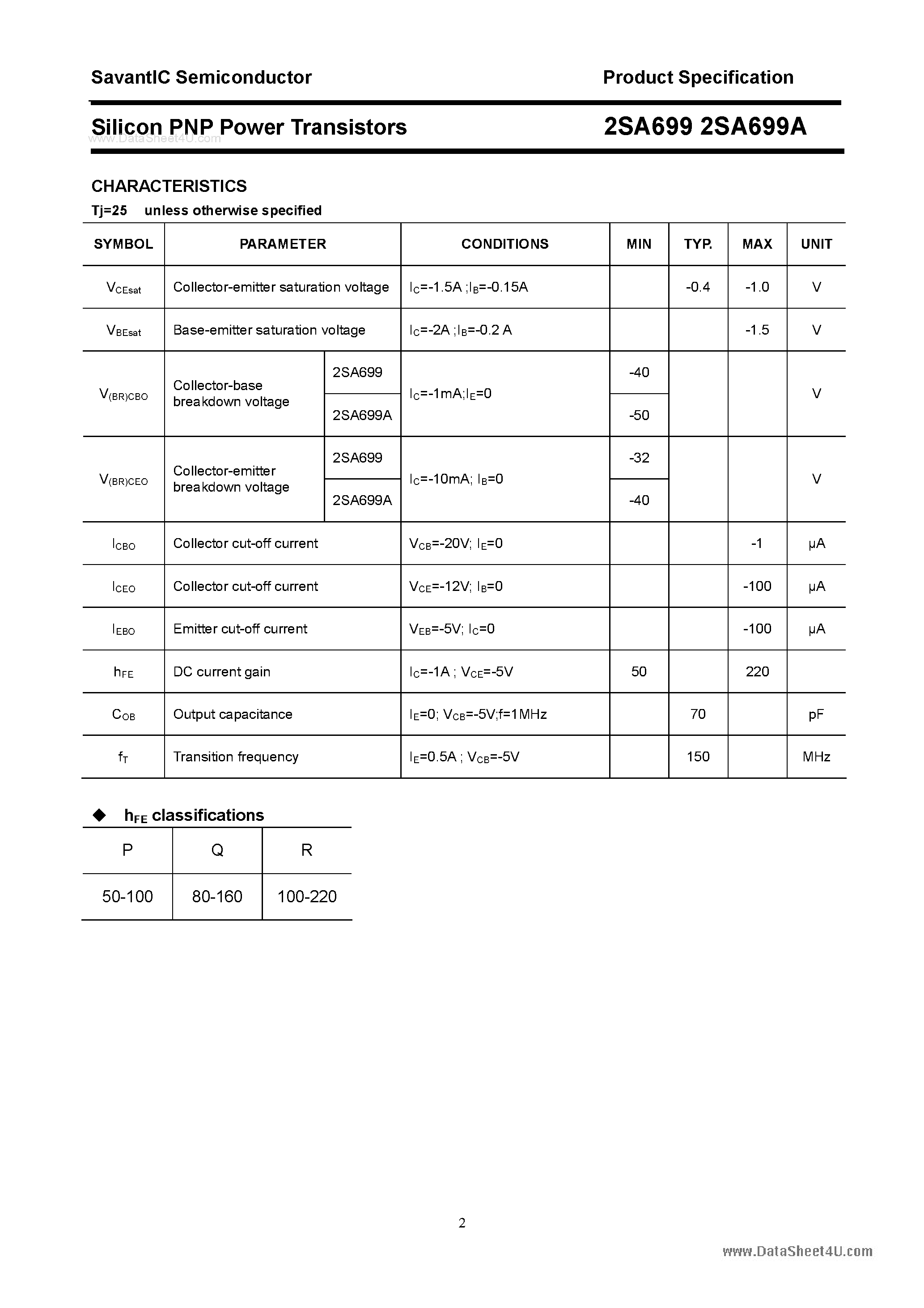 Datasheet 2SA699A - Silicon POwer Transistors page 2