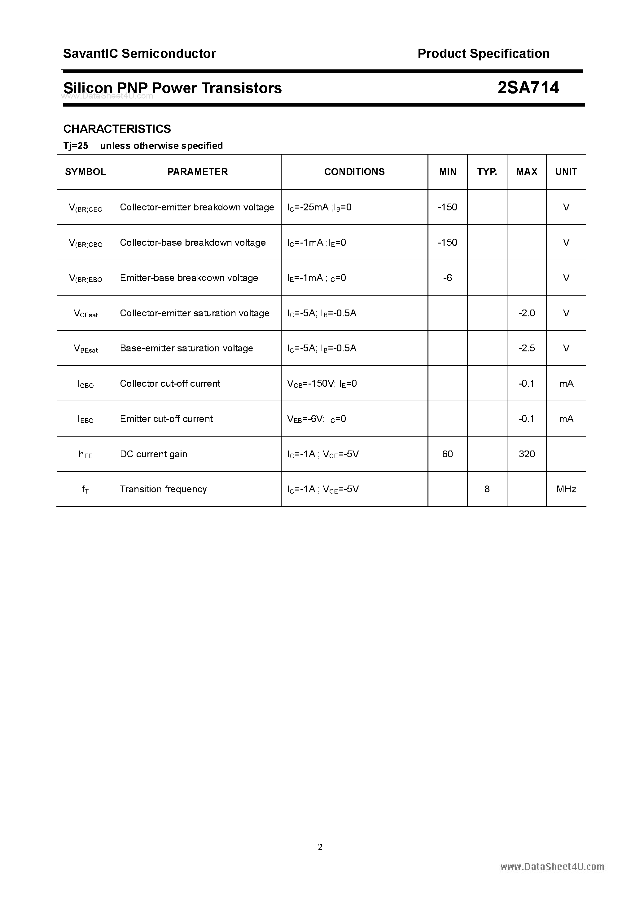 Datasheet 2SA714 - Silicon POwer Transistors page 2