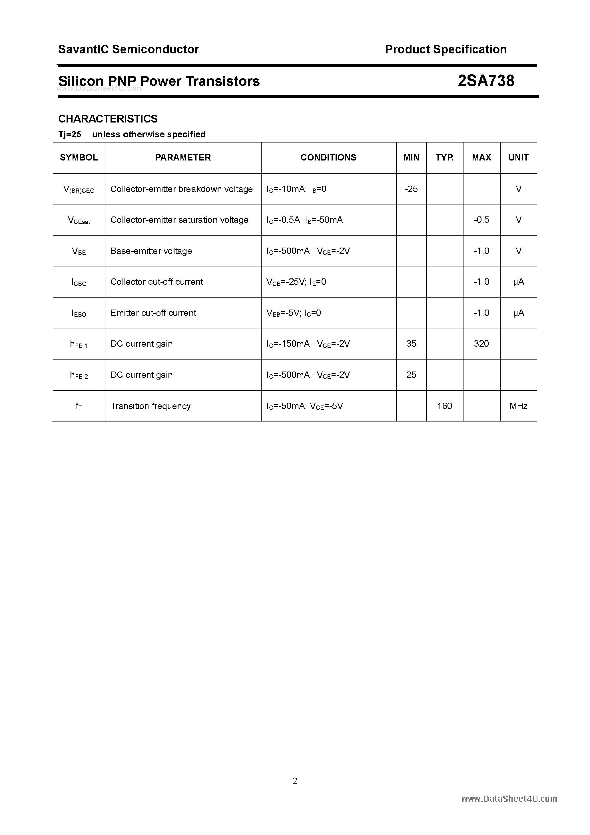 Datasheet 2SA738 page 2 Datasheet 2SA738 - Silicon POwer Transistors page 2
