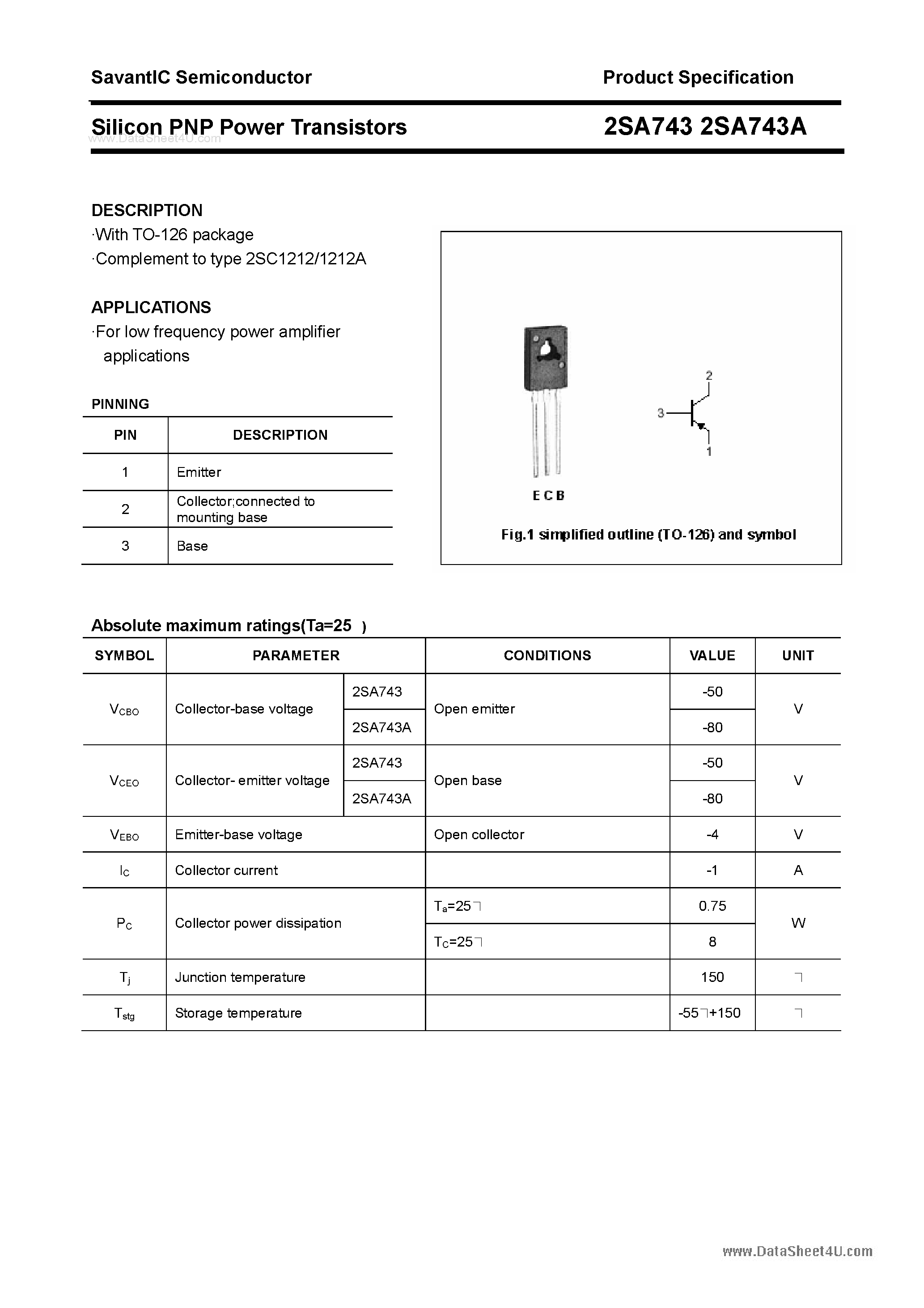 Datasheet 2SA743 page 1 Datasheet 2SA743 - Silicon POwer Transistors page 1