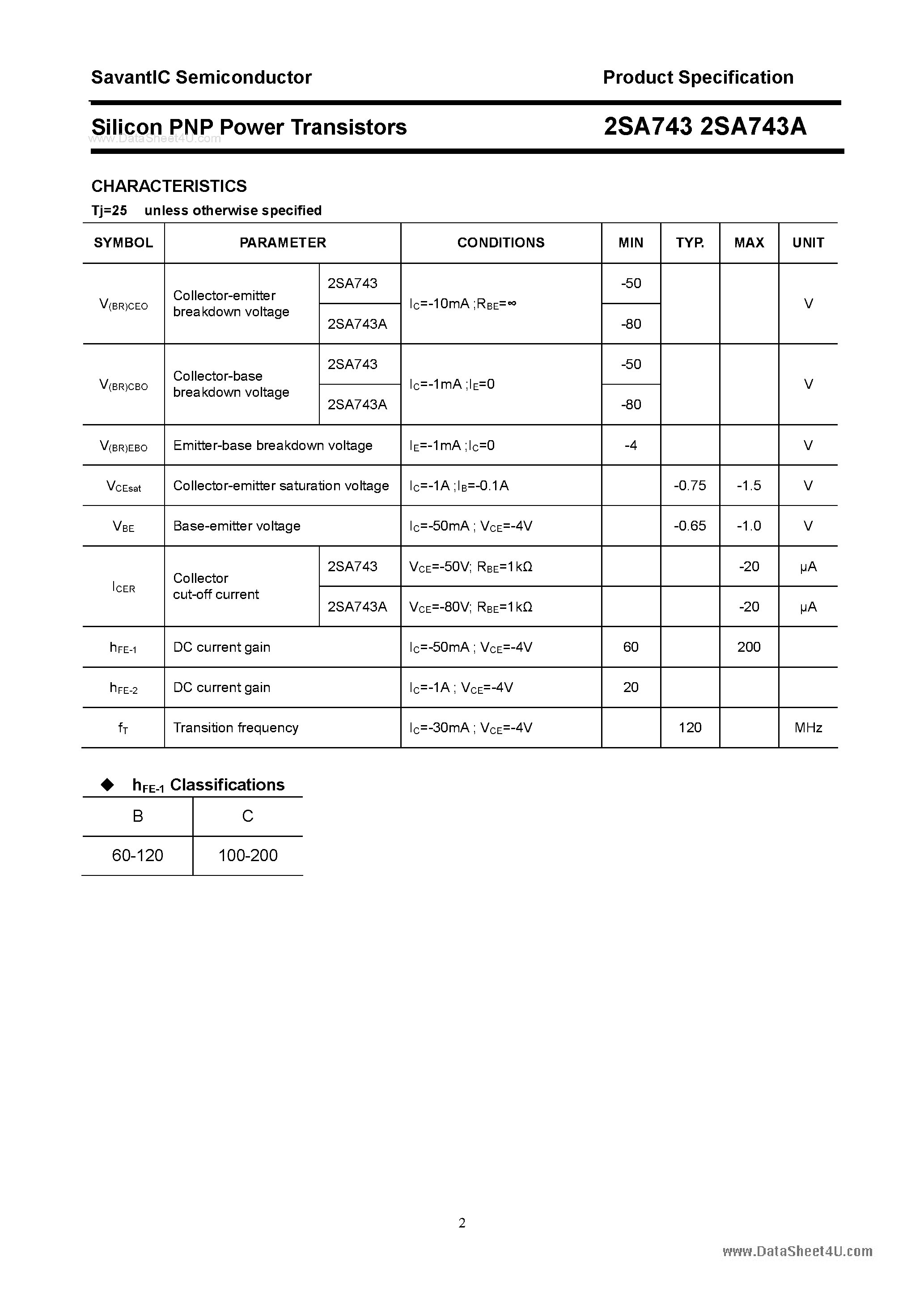 Datasheet 2SA743 page 2 Datasheet 2SA743 - Silicon POwer Transistors page 2