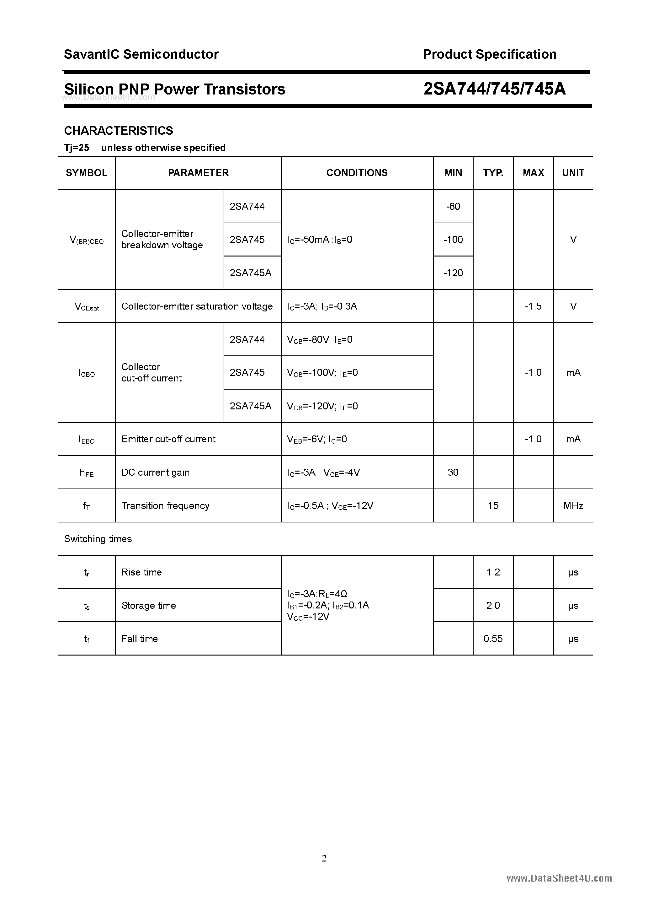 Даташит на микросхему 2SA744 страница 2 Даташит 2SA744 - (2SA744 / 2SA745) Silicon POwer Transistors страница 2