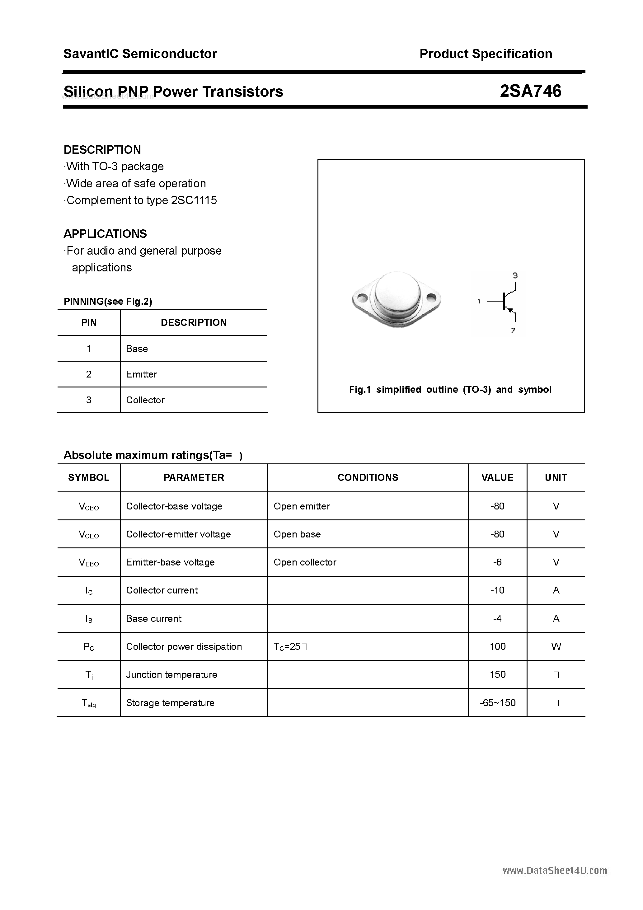 Datasheet 2SA746 page 1 Datasheet 2SA746 - Silicon POwer Transistors page 1
