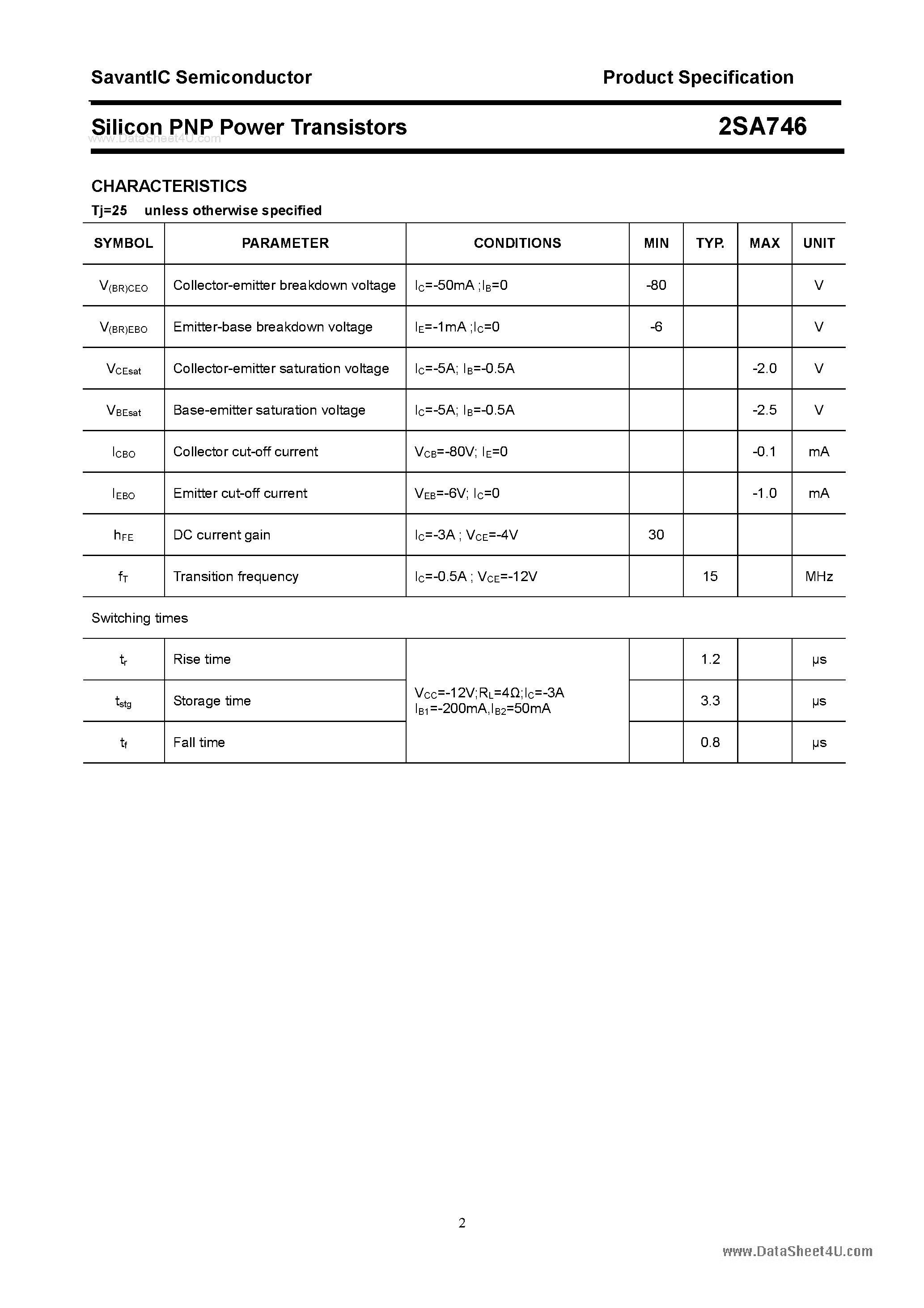 Datasheet 2SA746 page 2 Datasheet 2SA746 - Silicon POwer Transistors page 2