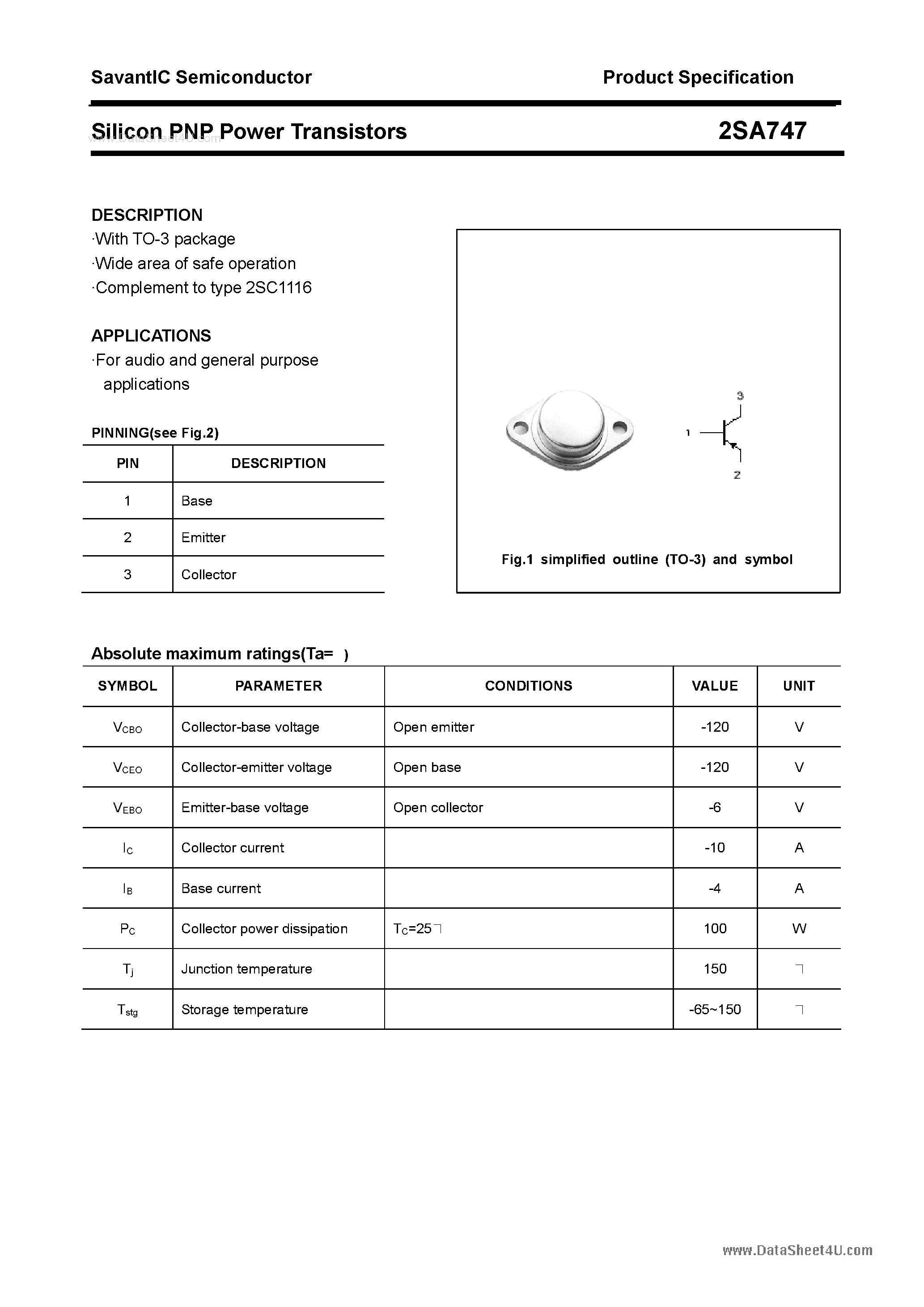 Datasheet 2SA747 page 1 Datasheet 2SA747 - Silicon POwer Transistors page 1