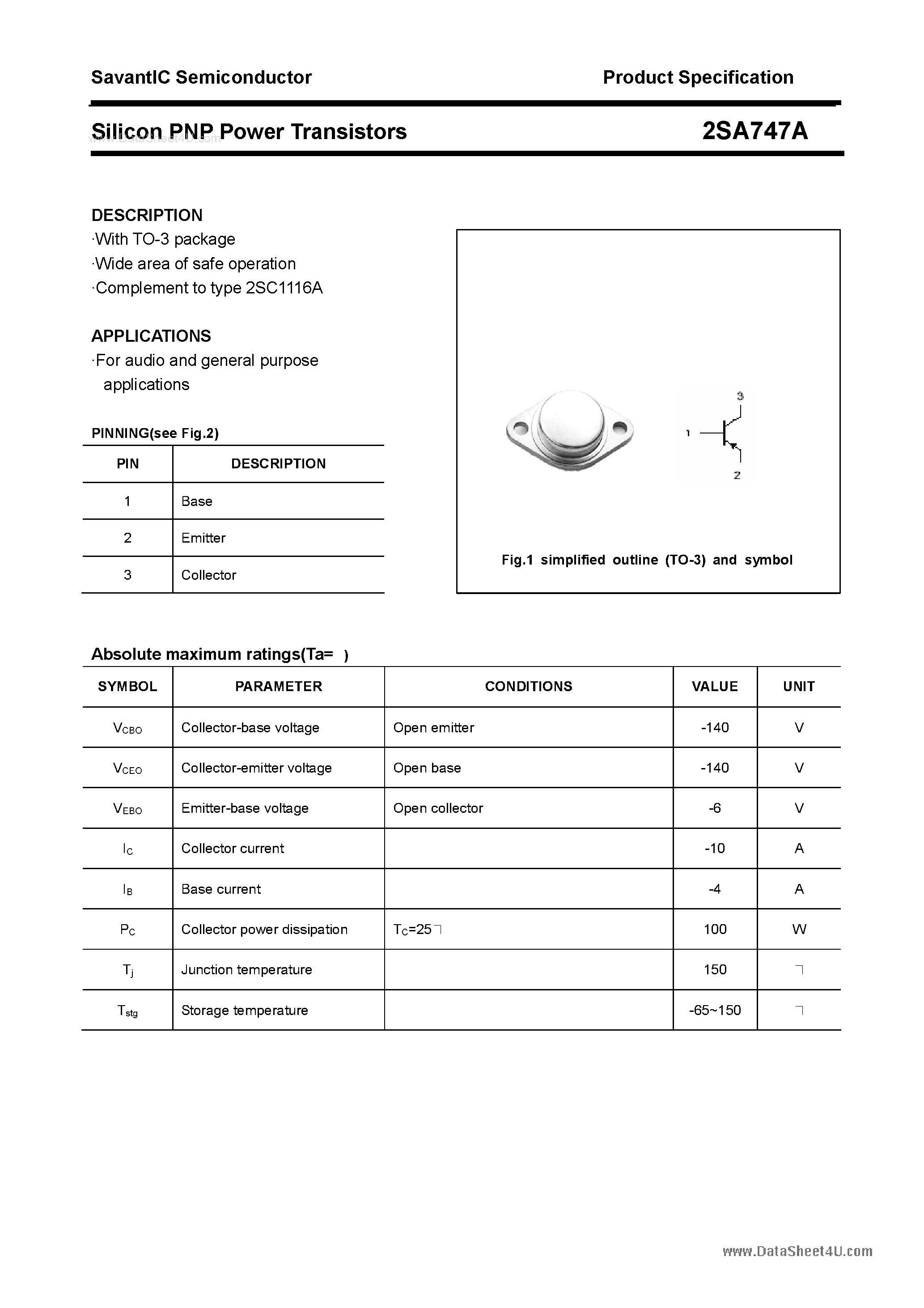 Datasheet 2SA747A page 1 Datasheet 2SA747A - Silicon POwer Transistors page 1