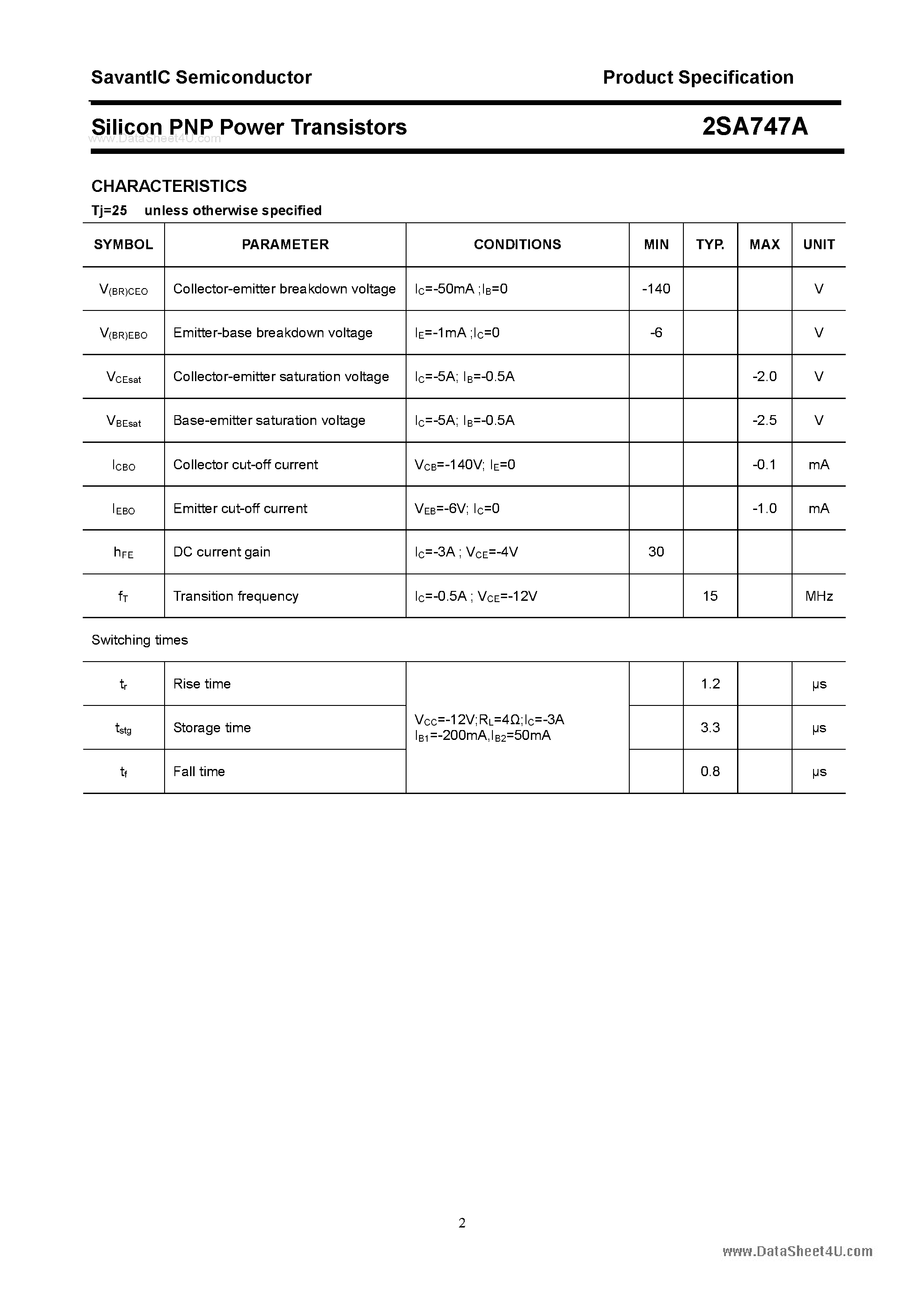 Datasheet 2SA747A page 2 Datasheet 2SA747A - Silicon POwer Transistors page 2