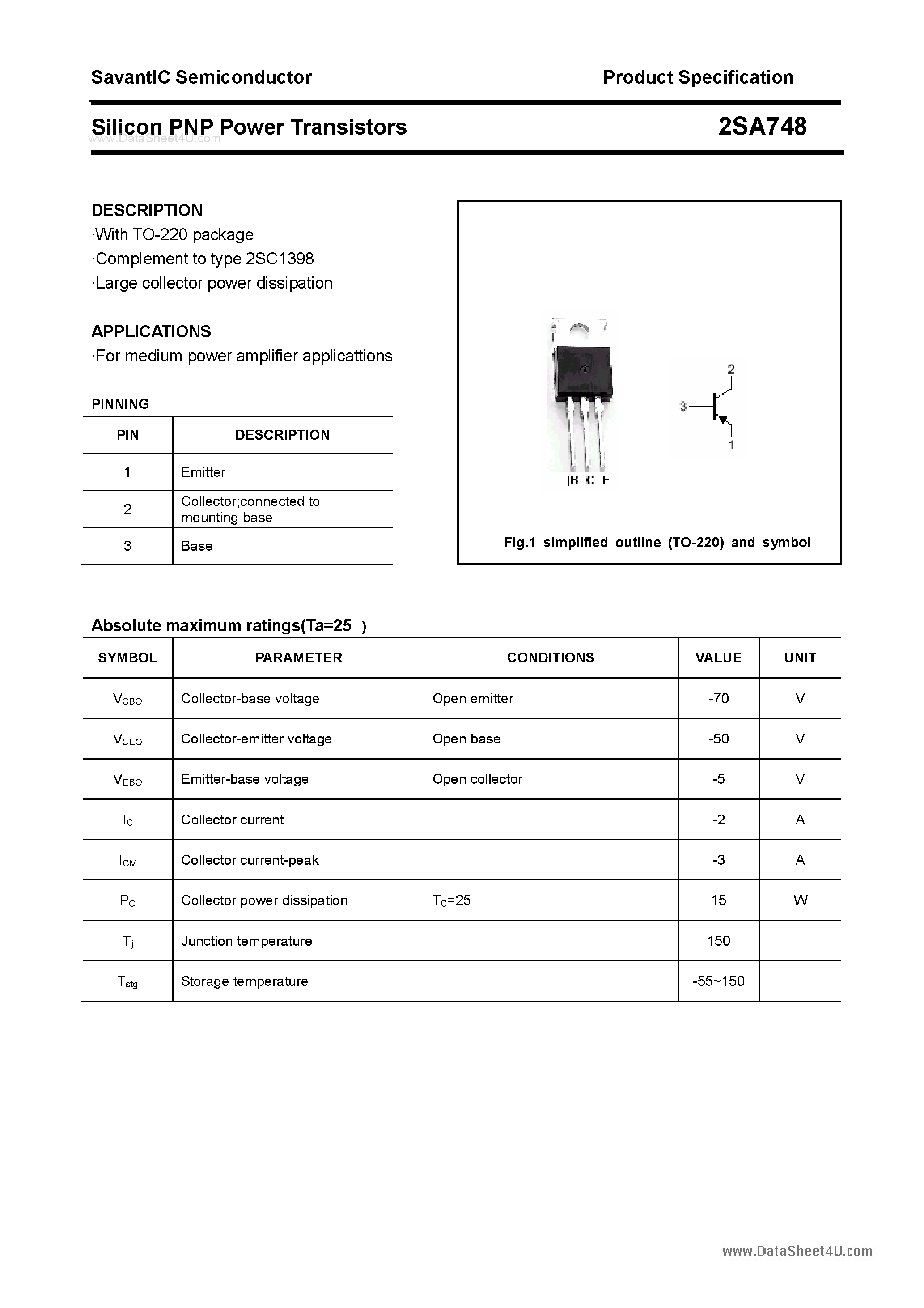 Datasheet 2SA748 page 1 Datasheet 2SA748 - Silicon POwer Transistors page 1