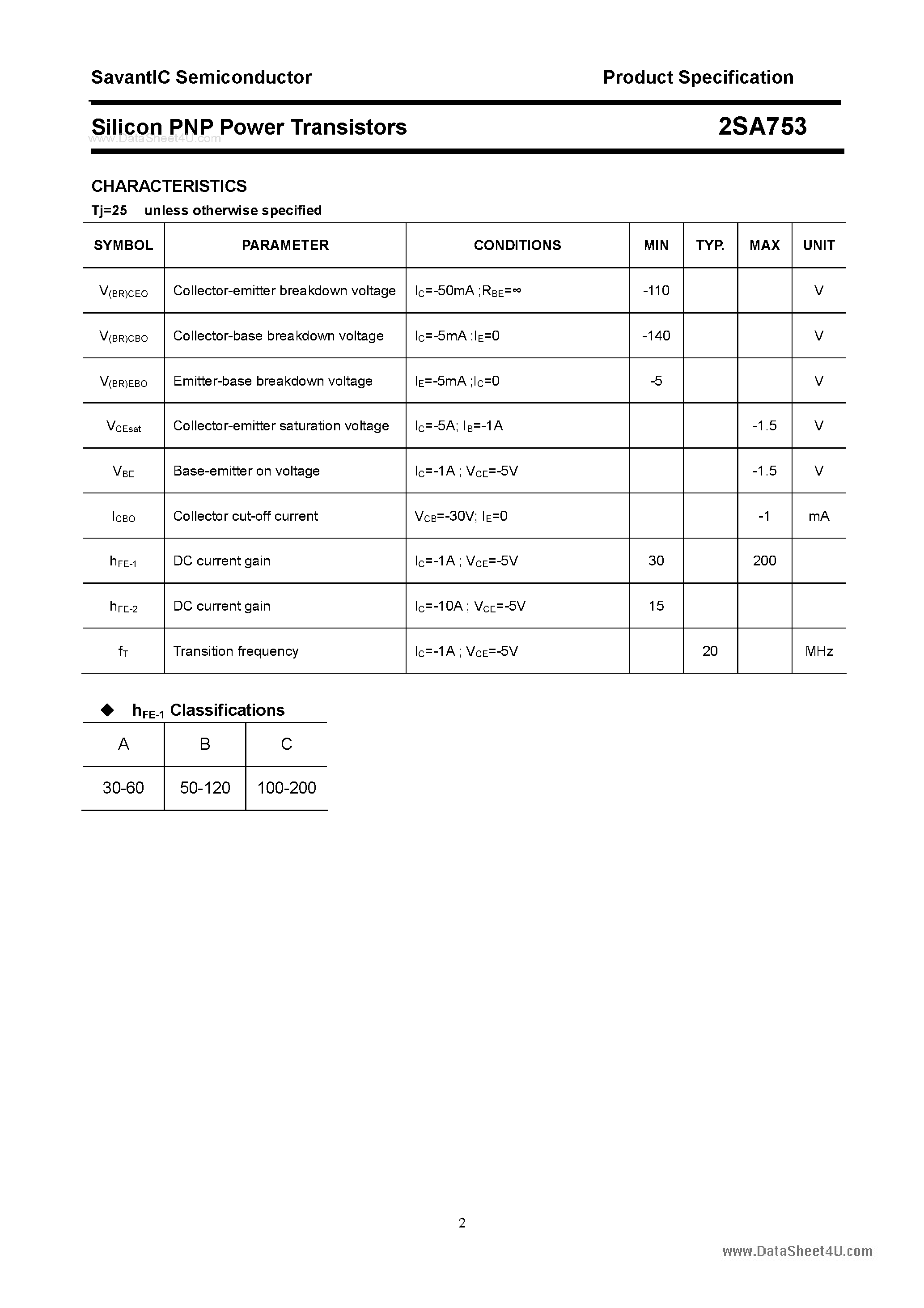 Datasheet 2SA753 - Silicon POwer Transistors page 2