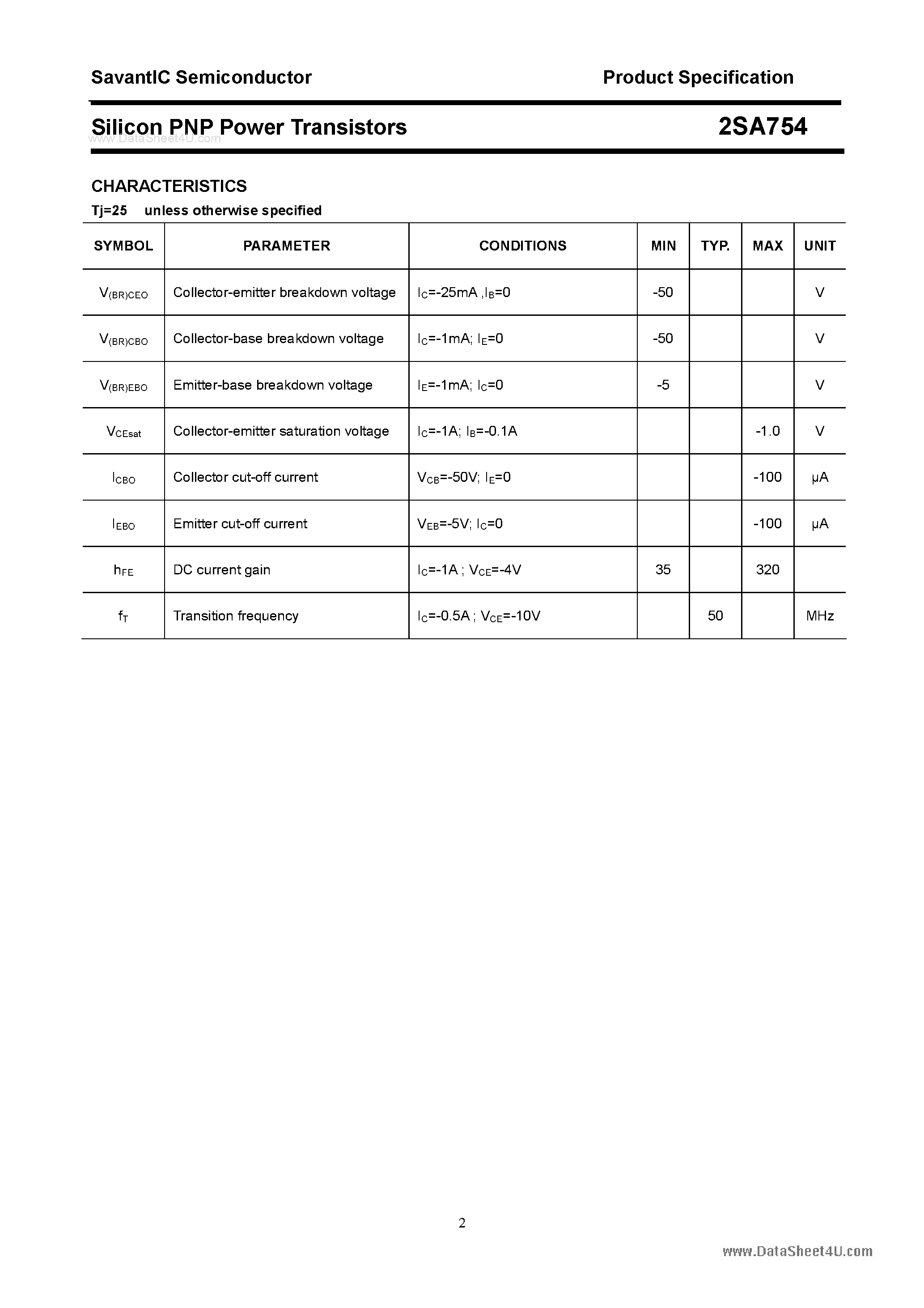 Datasheet 2SA754 page 2 Datasheet 2SA754 - Silicon POwer Transistors page 2