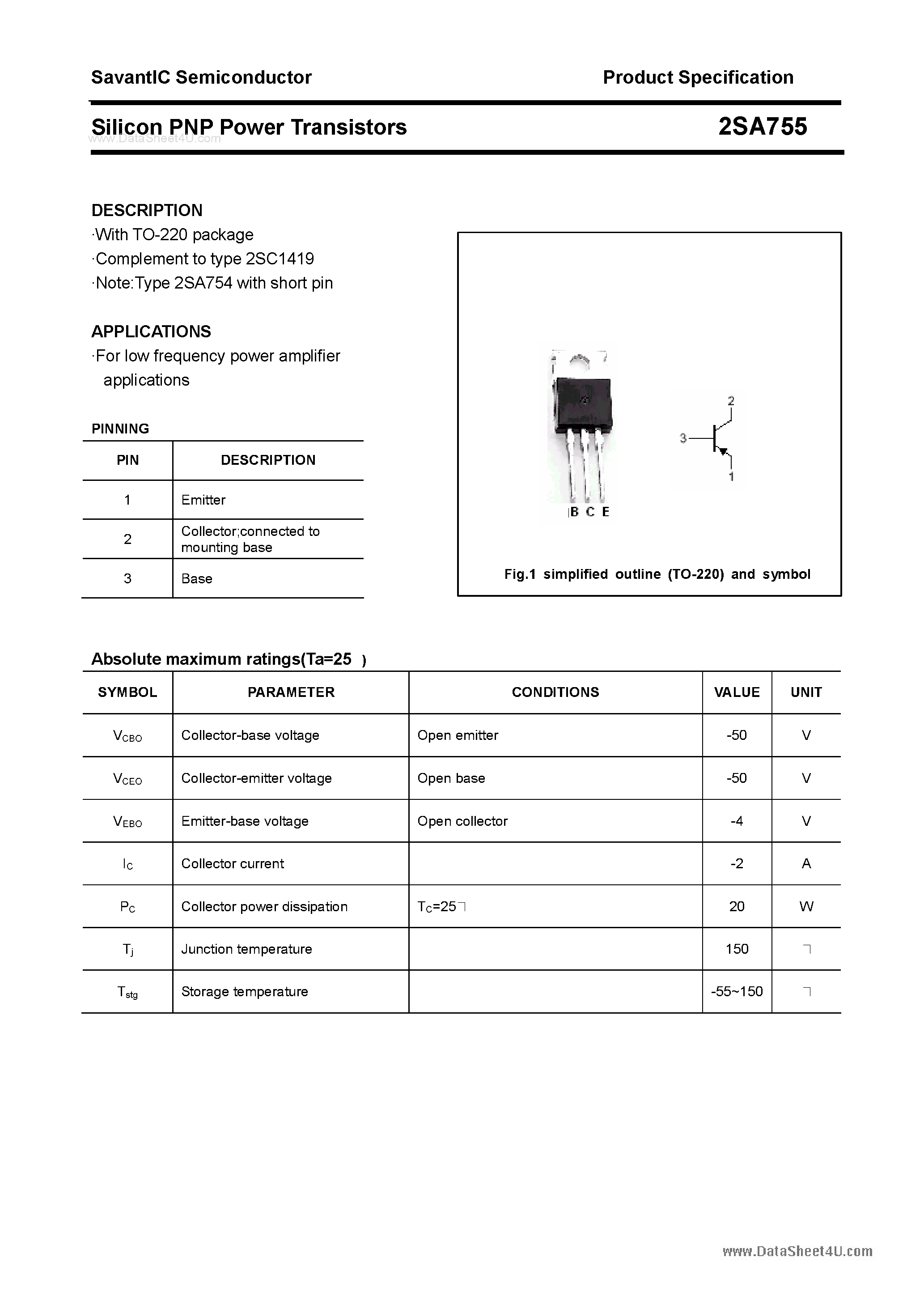 Datasheet 2SA755 page 1 Datasheet 2SA755 - Silicon POwer Transistors page 1