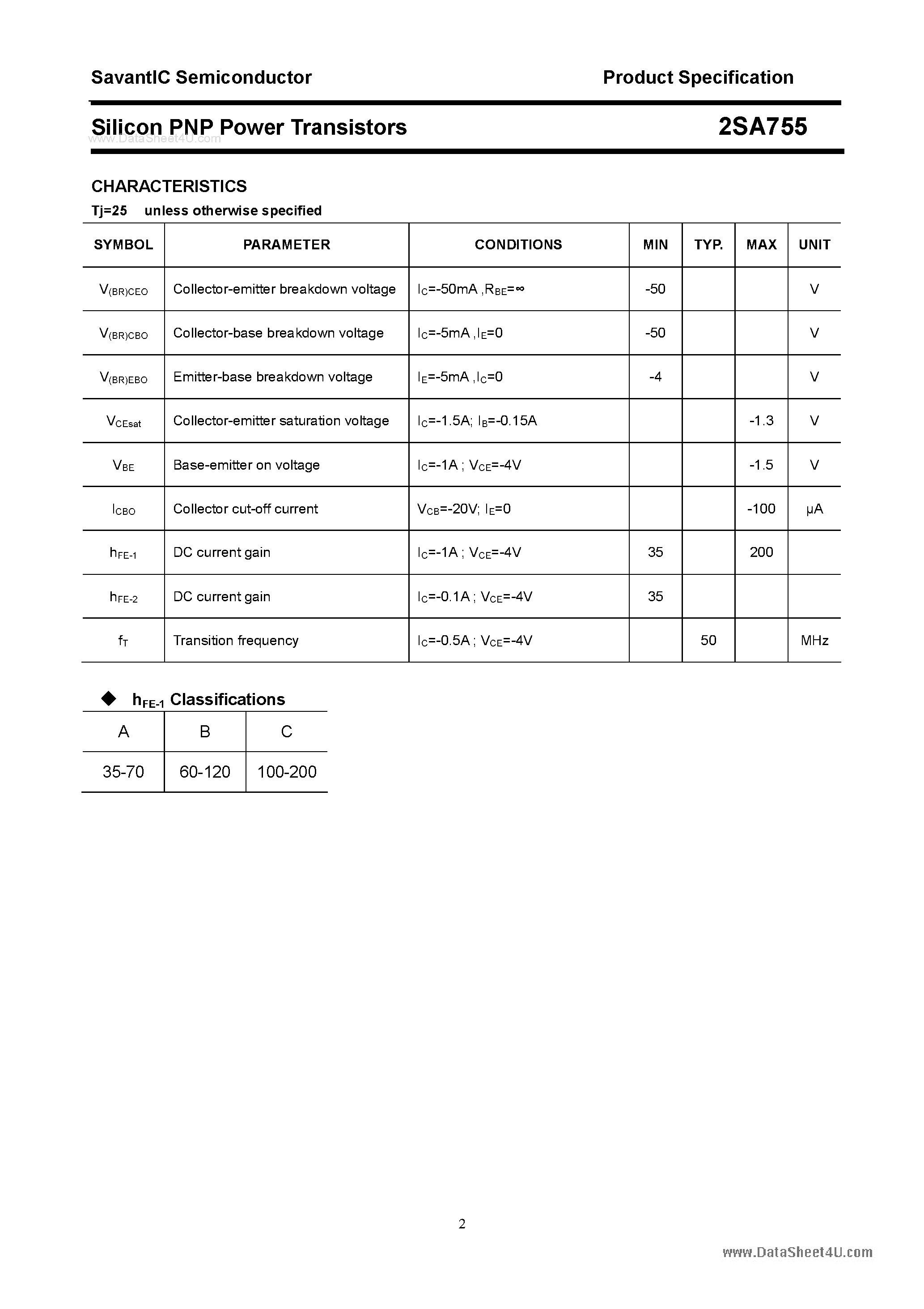 Datasheet 2SA755 page 2 Datasheet 2SA755 - Silicon POwer Transistors page 2