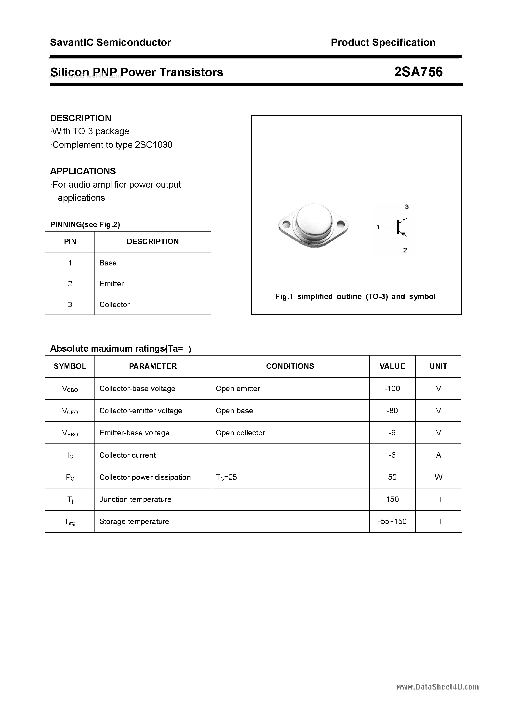 Datasheet 2SA756 - Silicon POwer Transistors page 1