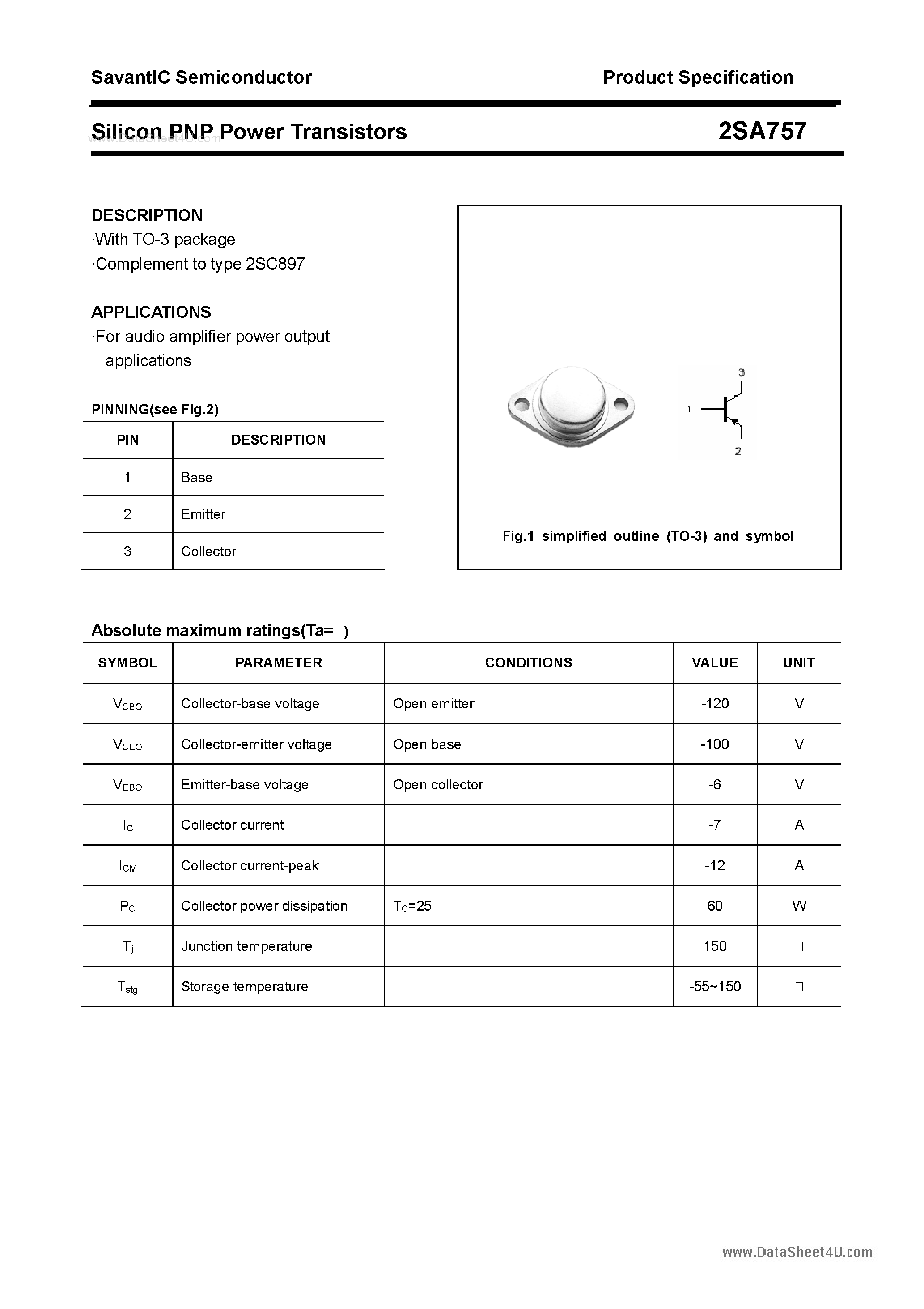 Datasheet 2SA757 page 1 Datasheet 2SA757 - Silicon POwer Transistors page 1