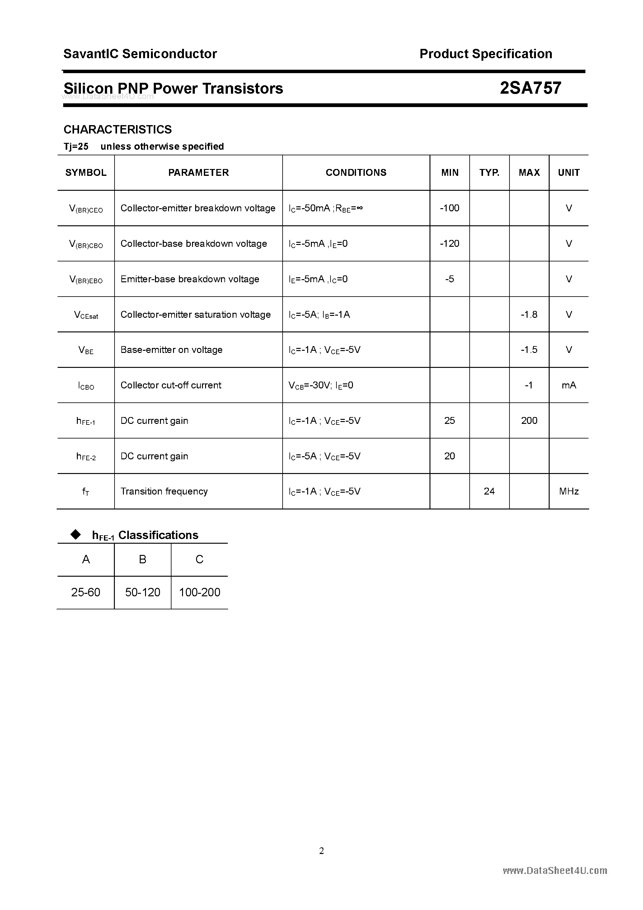 Datasheet 2SA757 page 2 Datasheet 2SA757 - Silicon POwer Transistors page 2