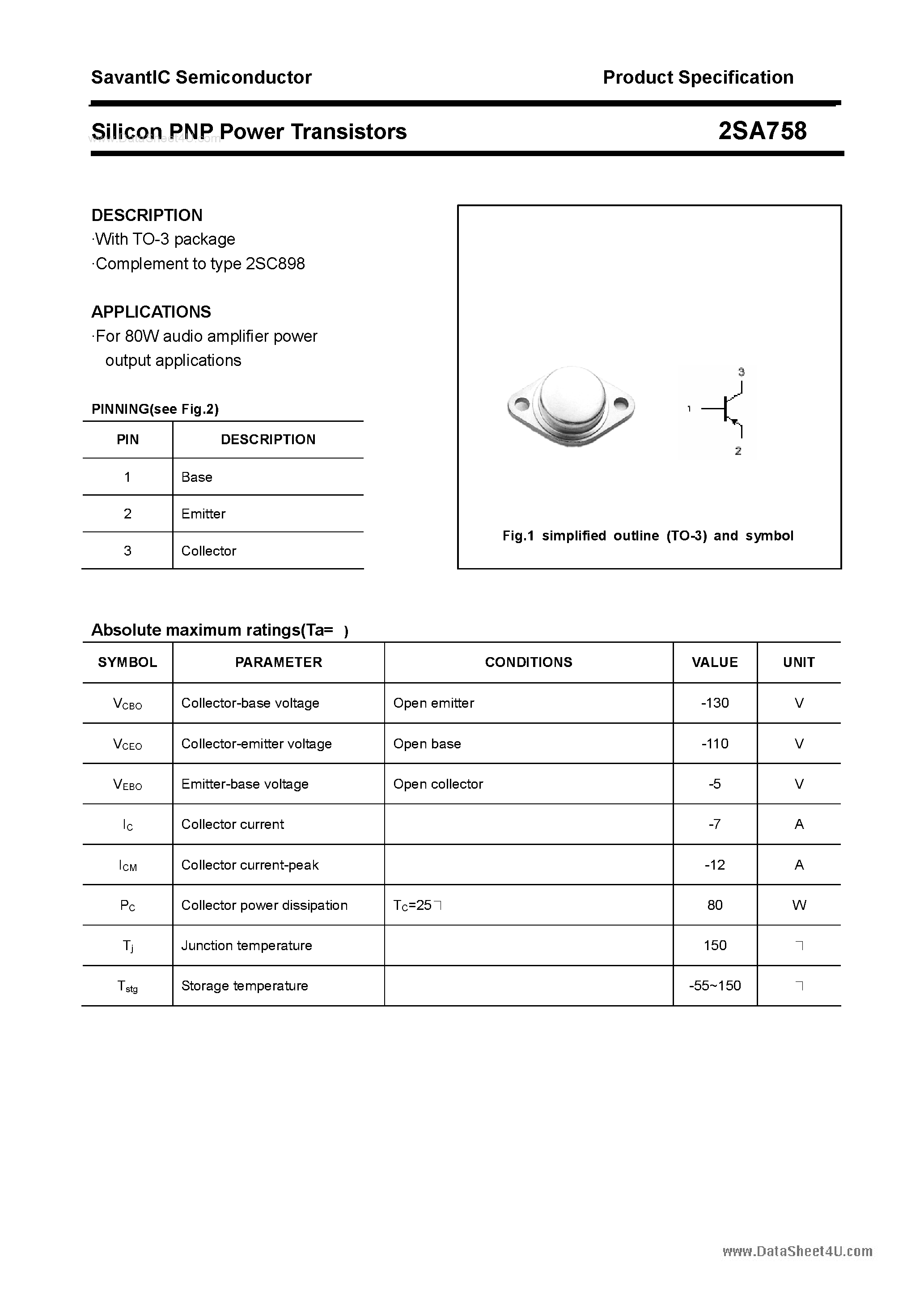 Datasheet 2SA758 - Silicon POwer Transistors page 1