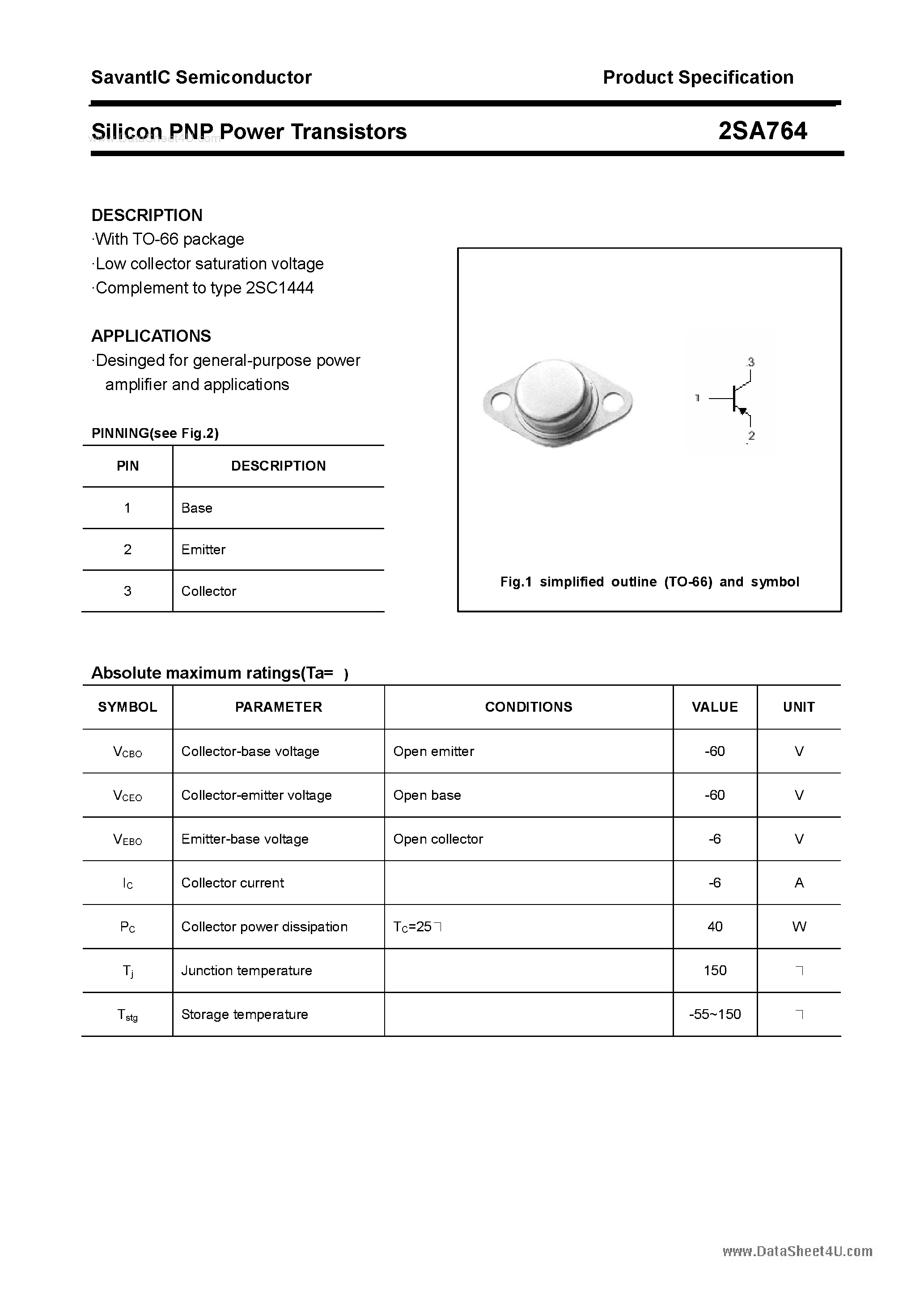 Datasheet 2SA764 - Silicon POwer Transistors page 1
