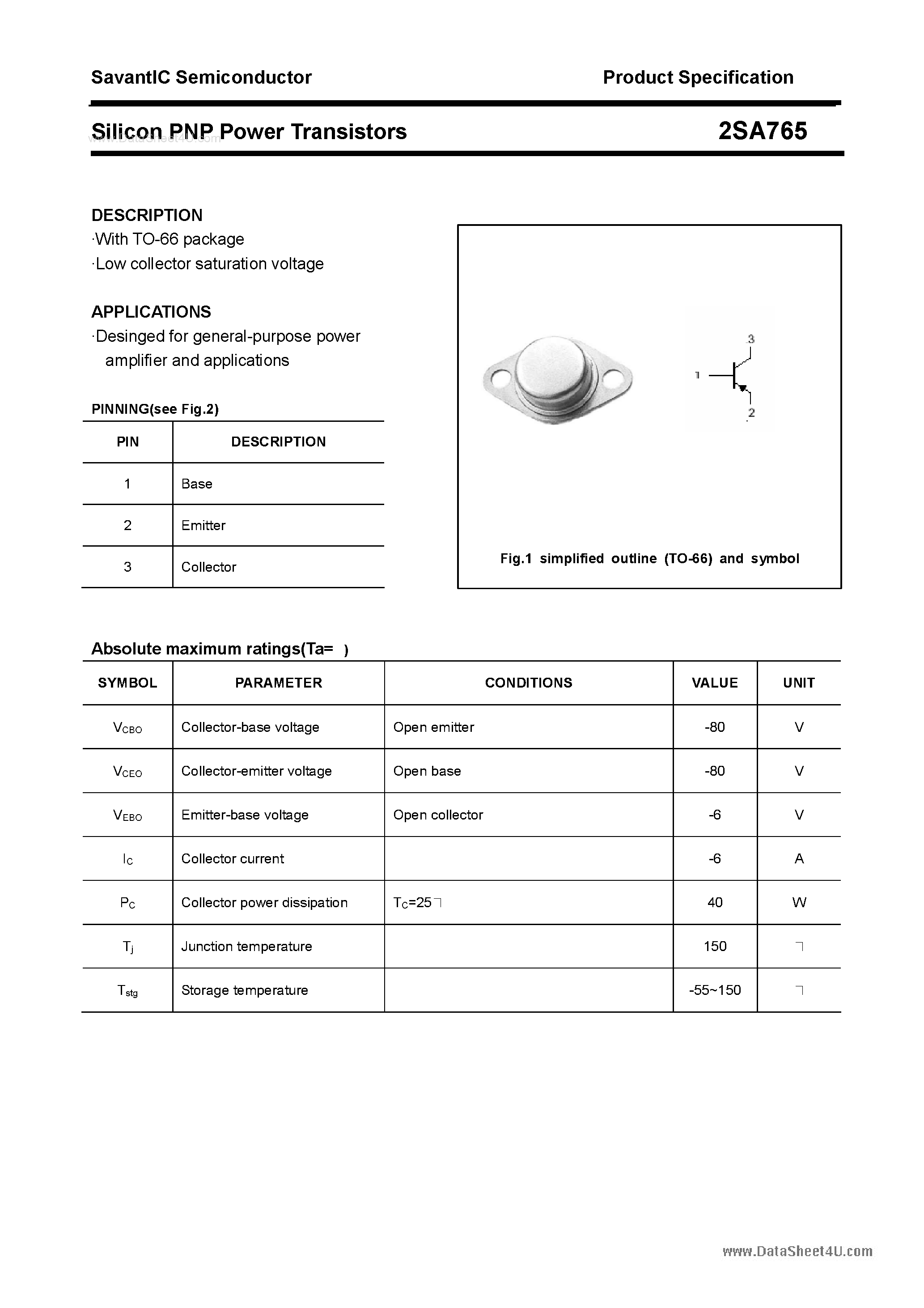 Datasheet 2SA765 page 1 Datasheet 2SA765 - Silicon POwer Transistors page 1