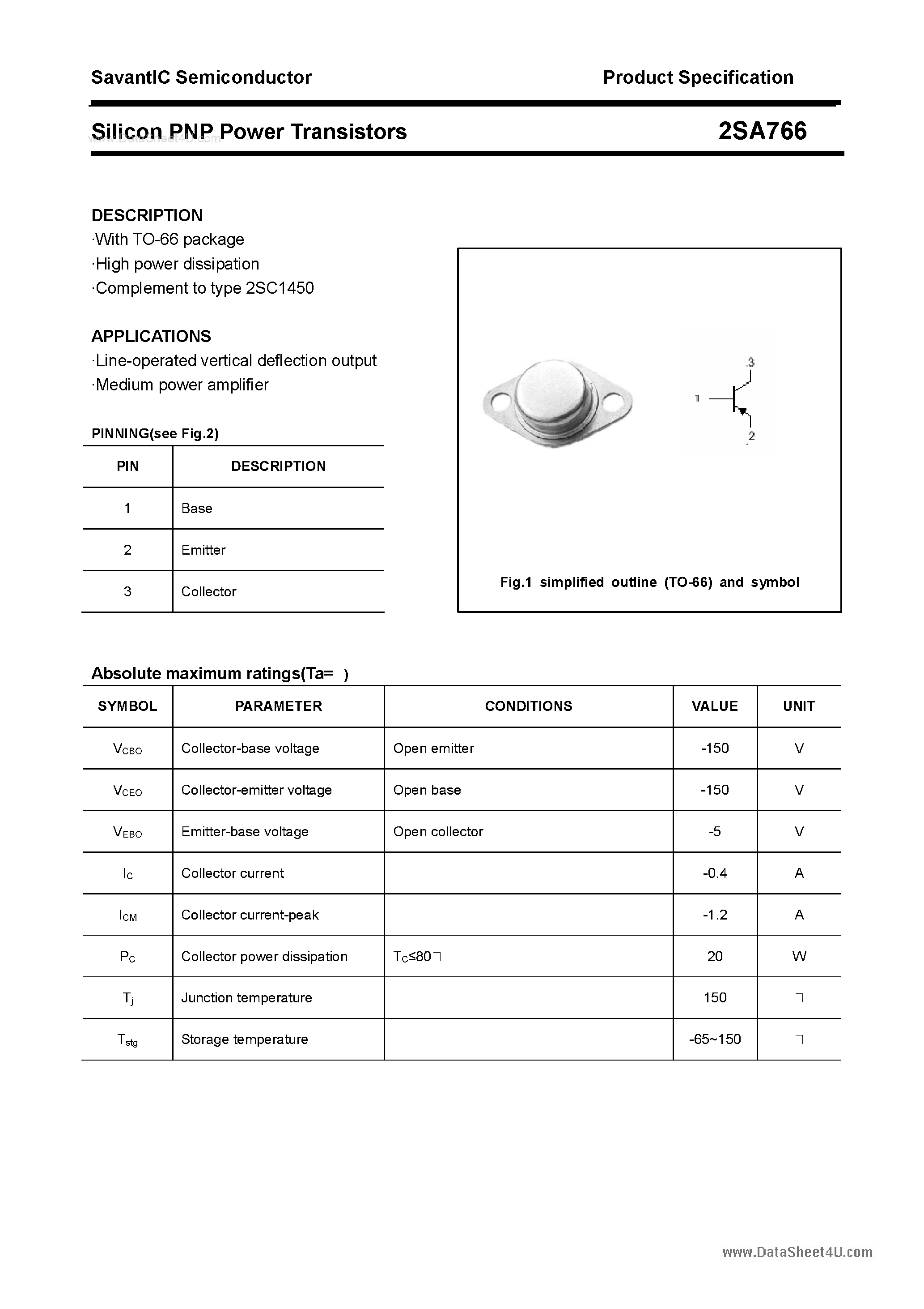 Datasheet 2SA766 - Silicon POwer Transistors page 1