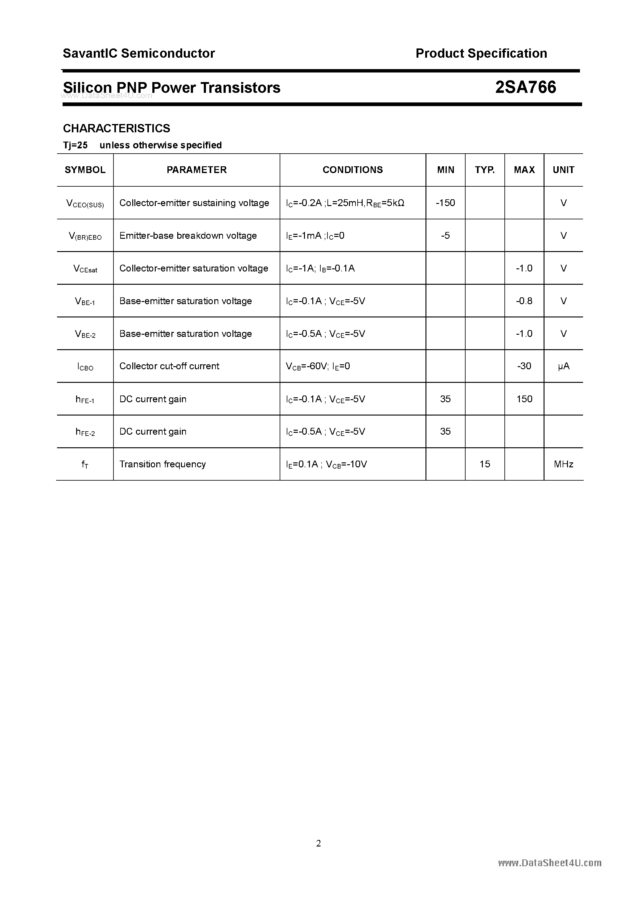 Datasheet 2SA766 - Silicon POwer Transistors page 2
