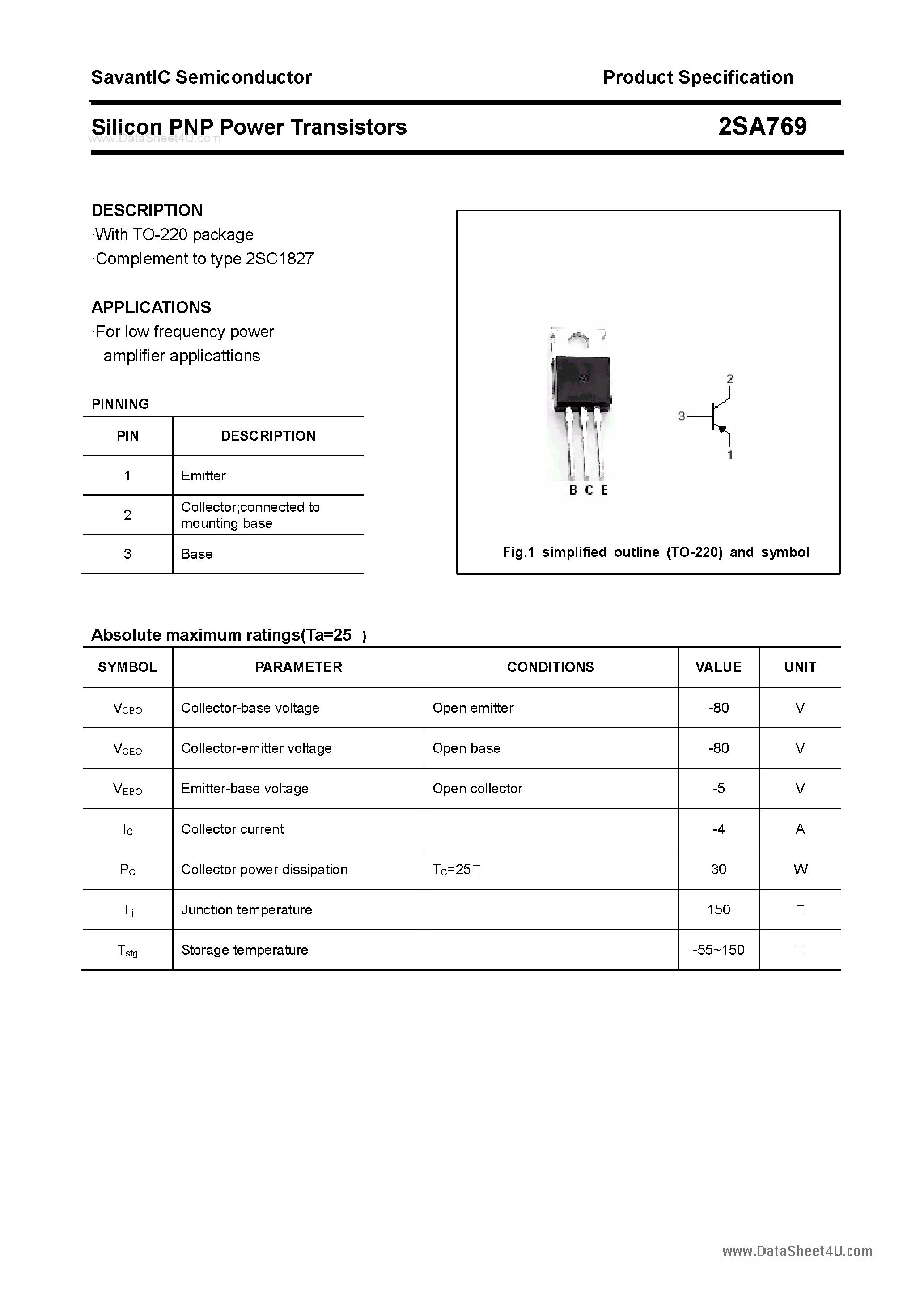 Datasheet 2SA769 - Silicon POwer Transistors page 1