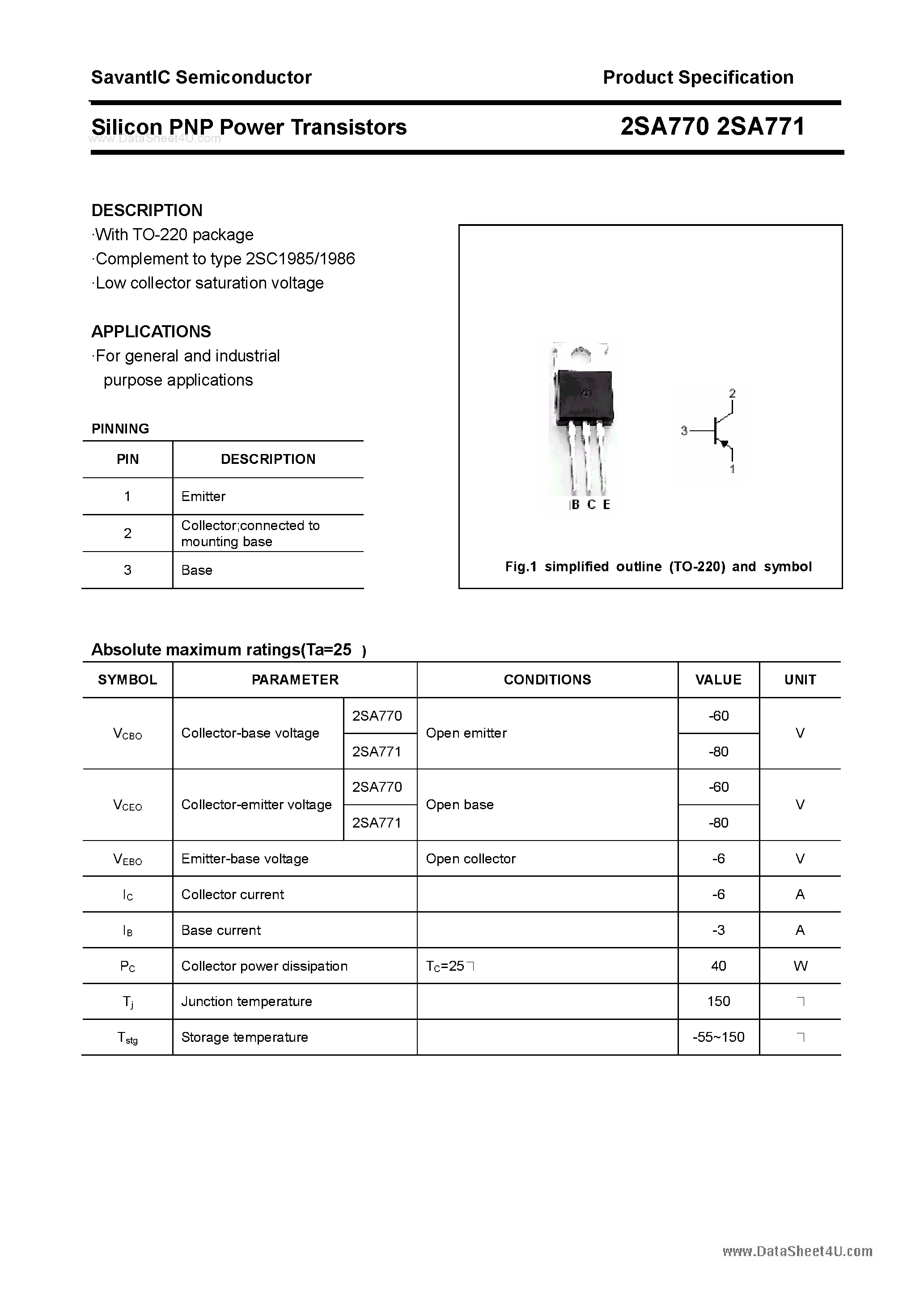 Даташит на микросхему 2SA770 страница 1 Даташит 2SA770 - (2SA770 / 2SA771) Silicon POwer Transistors страница 1