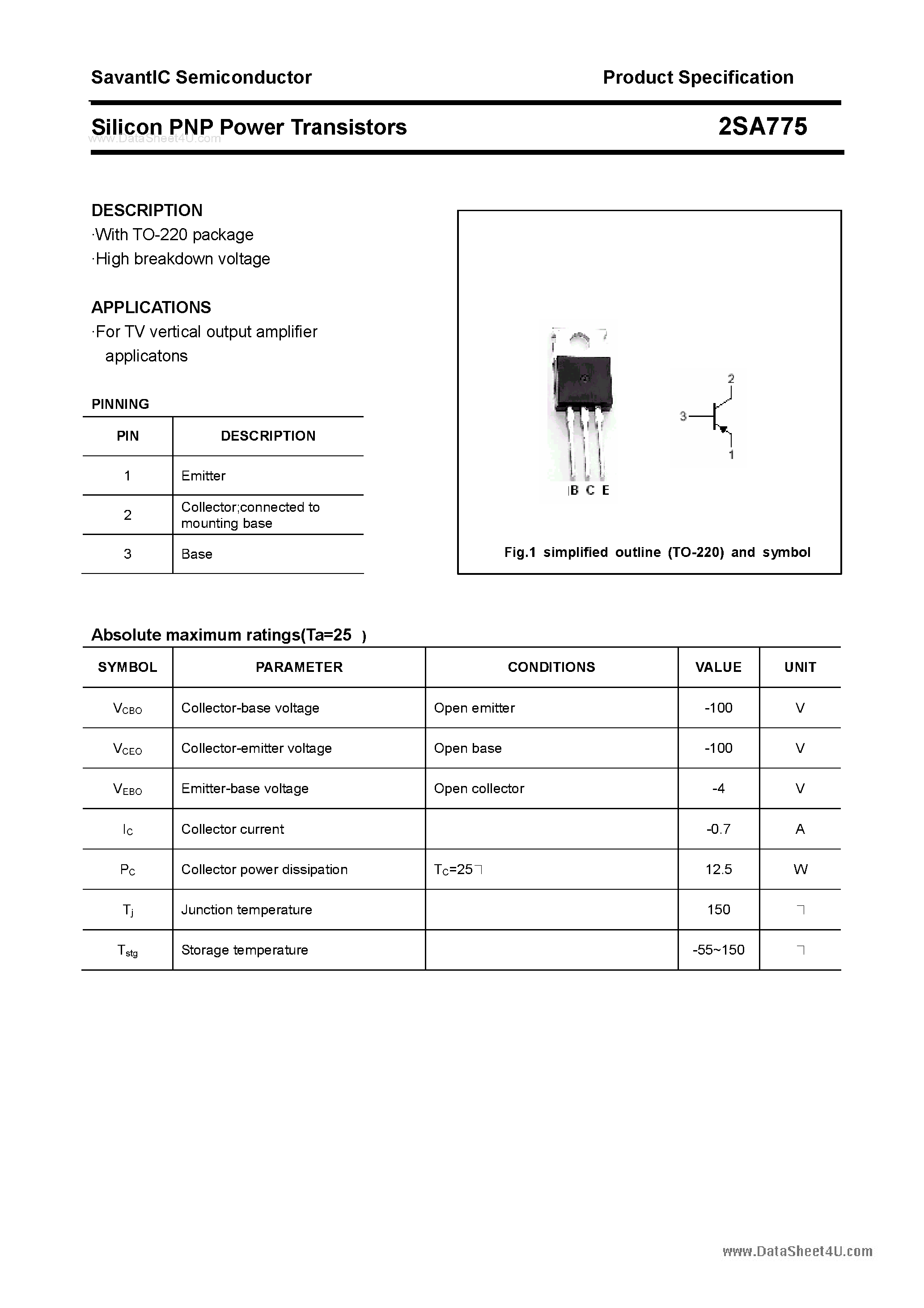 Datasheet 2SA775 - Silicon POwer Transistors page 1