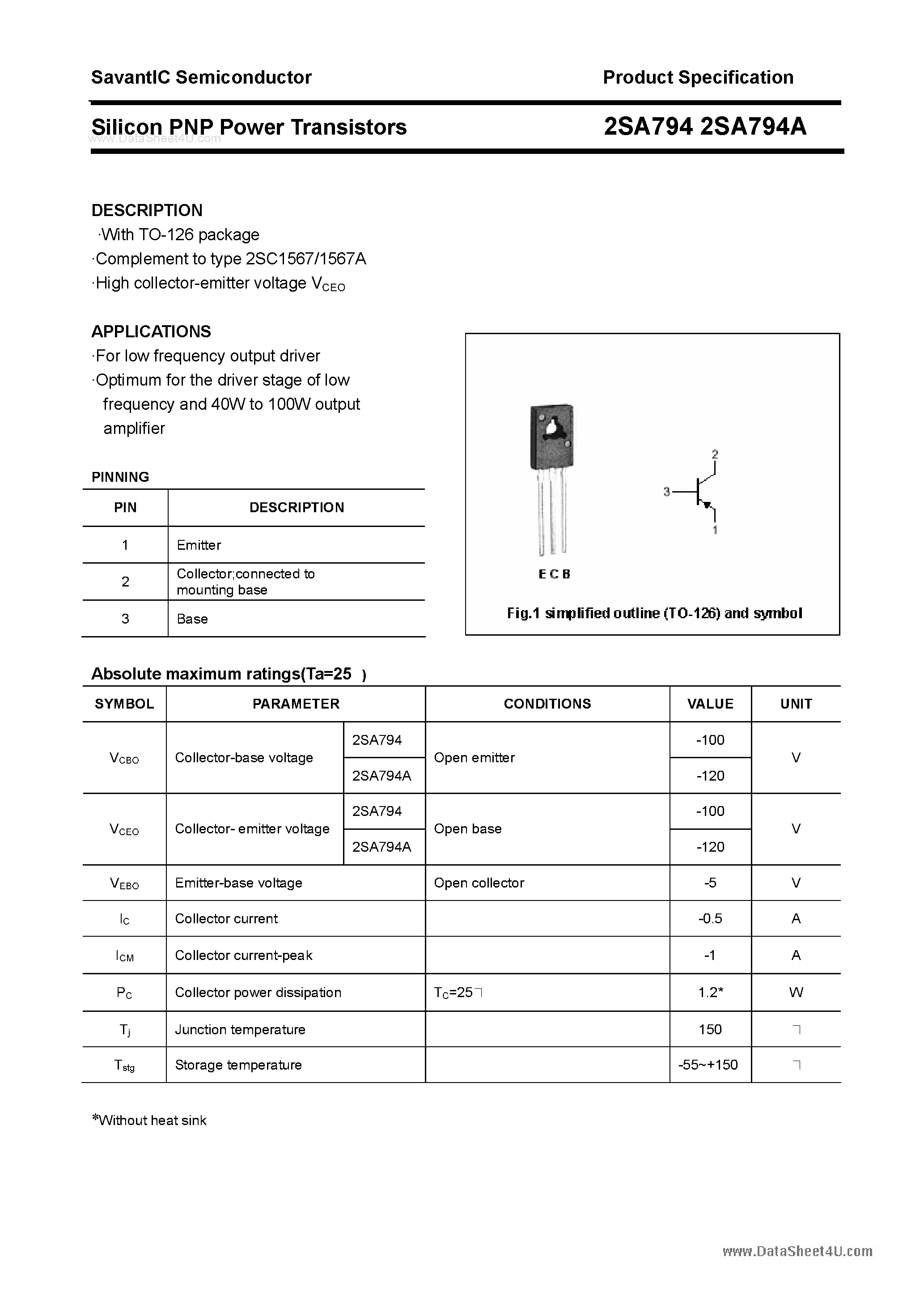 Datasheet 2SA794 - Silicon POwer Transistors page 1